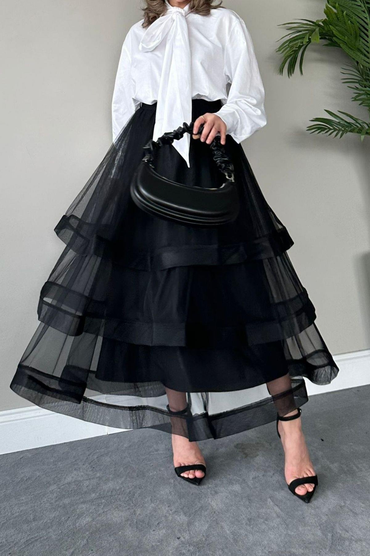 Volanlı Kat Kat Tül Etek Siyah, Fiyatları 