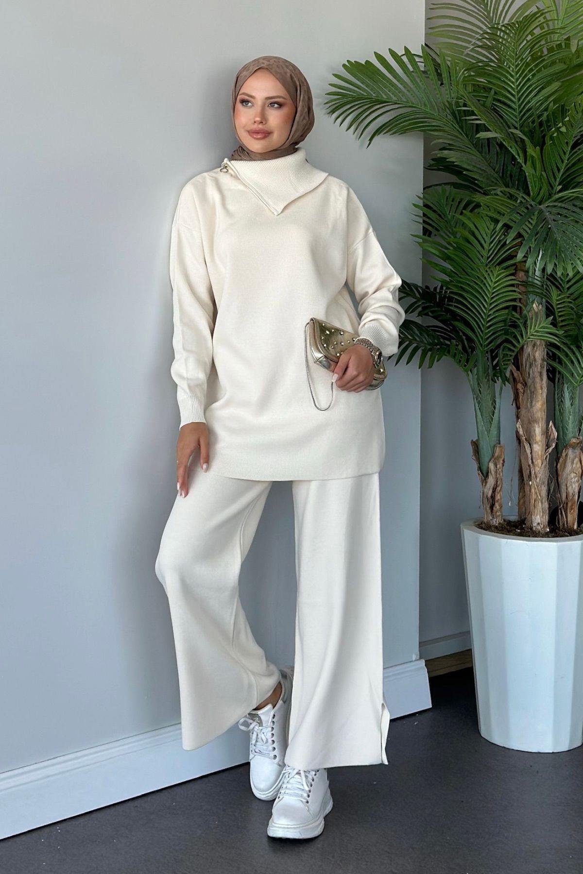 Yakası Fermuarlı Triko Takım Ekru, Fiyatları 
