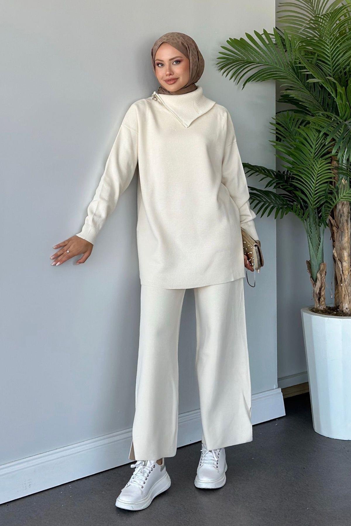 Yakası Fermuarlı Triko Takım Ekru, Fiyatları 