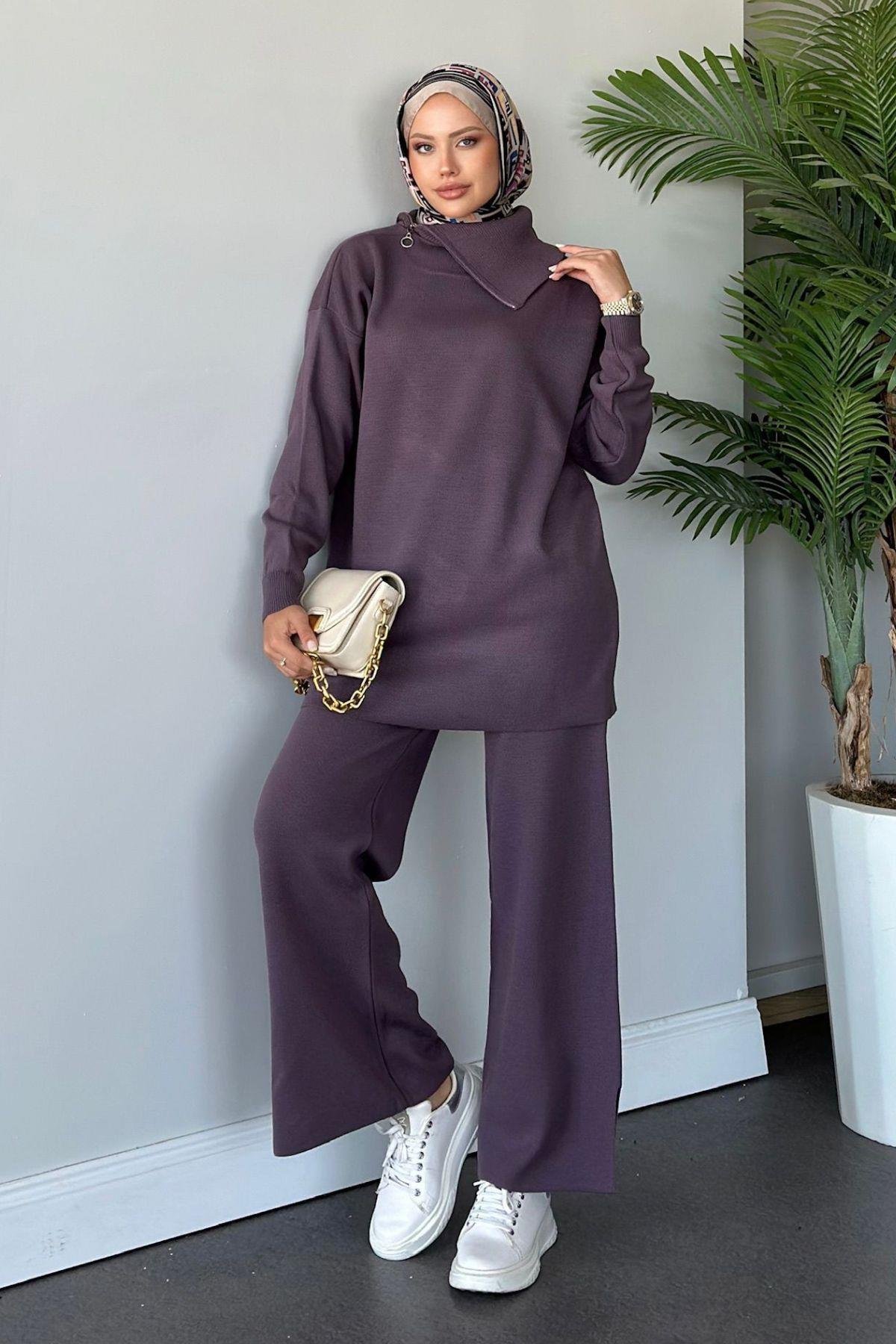 Yakası Fermuarlı Triko Takım Mor, Fiyatları 