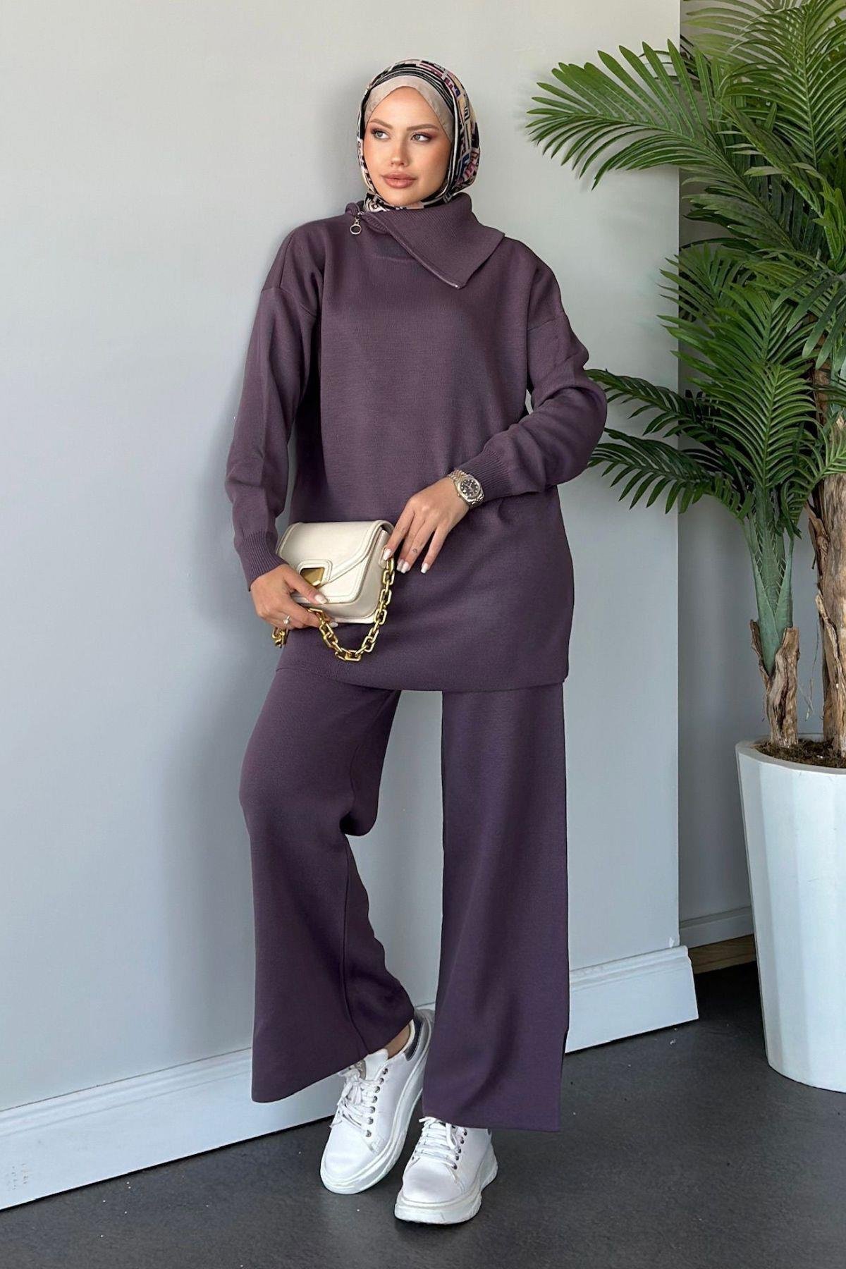 Yakası Fermuarlı Triko Takım Mor, Fiyatları 