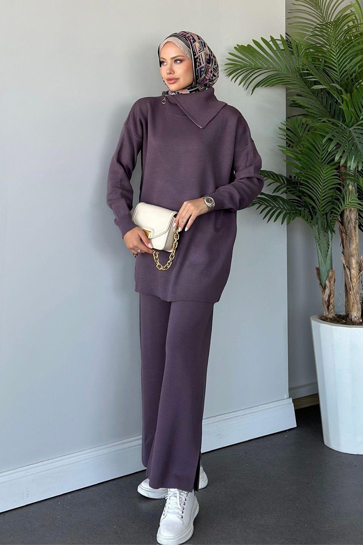 Yakası Fermuarlı Triko Takım Mor, Fiyatları 