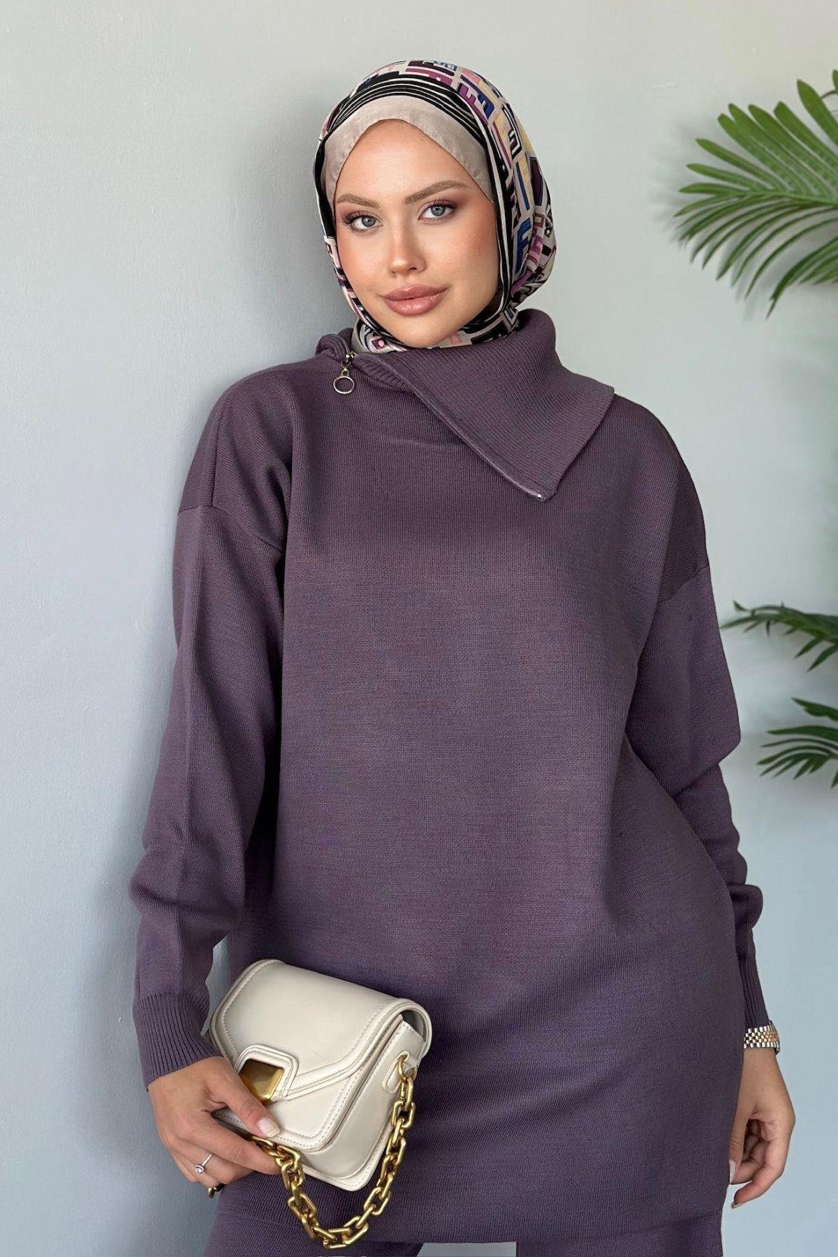 Yakası Fermuarlı Triko Takım Mor, Fiyatları 