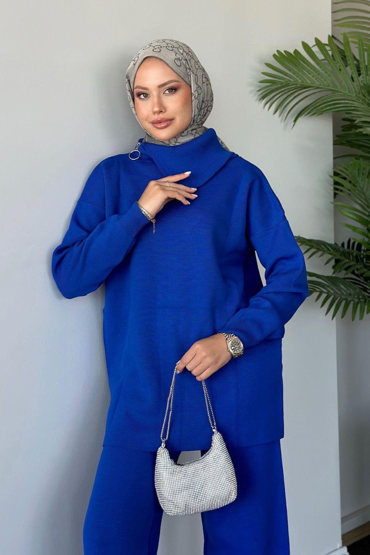 Yakası Fermuarlı Triko Takım Saks, Fiyatları 