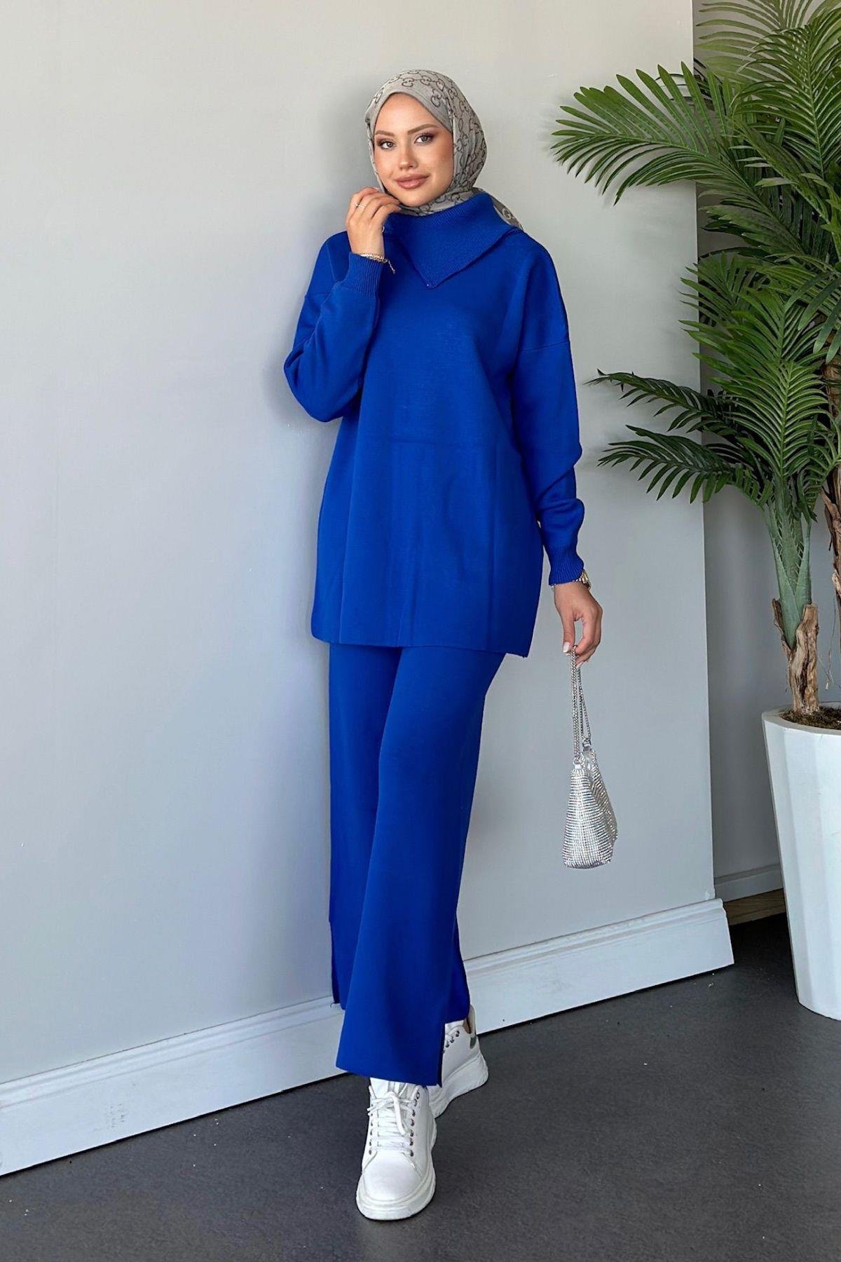 Yakası Fermuarlı Triko Takım Saks, Fiyatları 