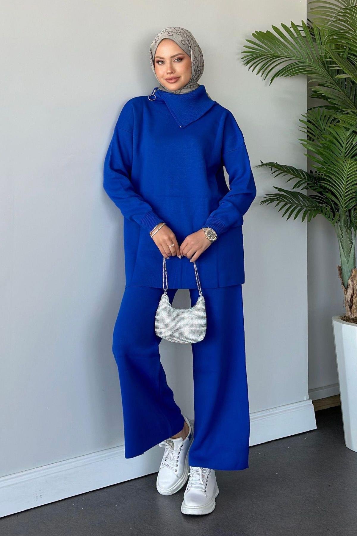 Yakası Fermuarlı Triko Takım Saks, Fiyatları 