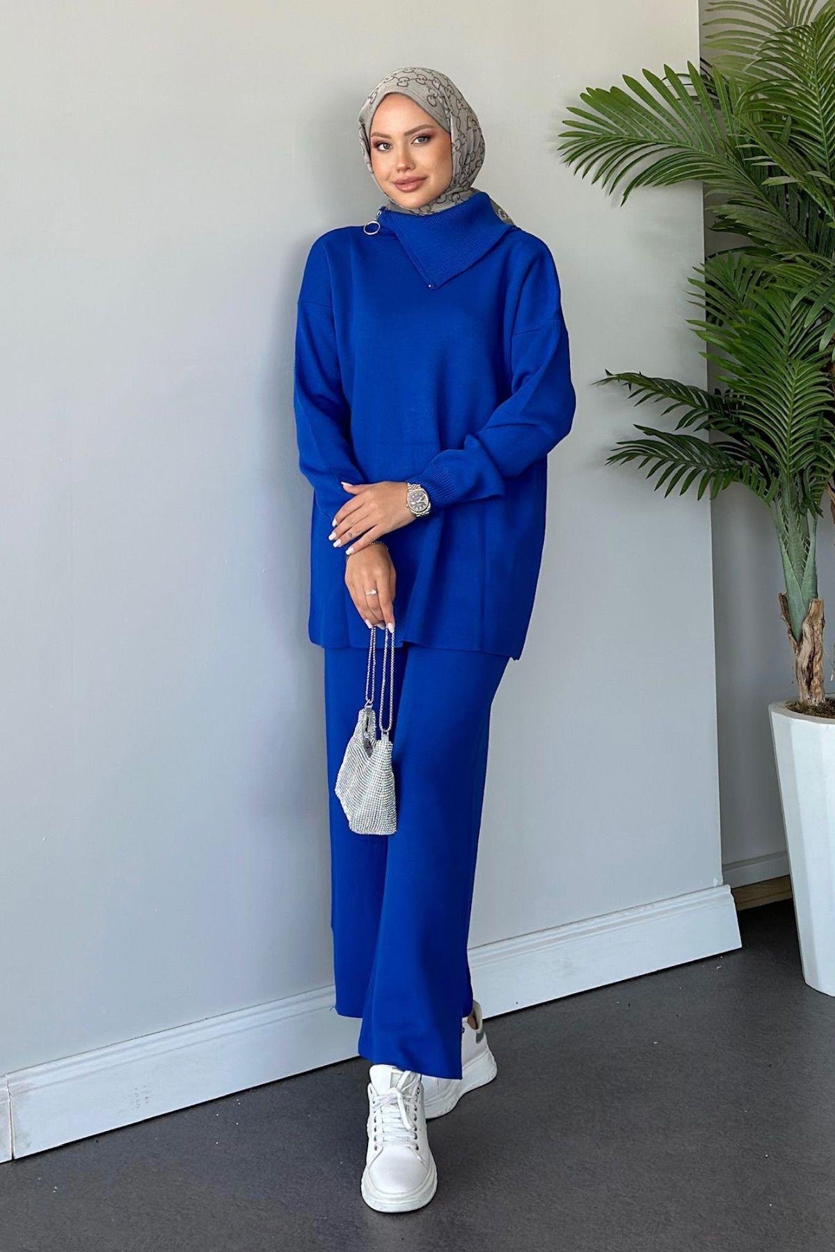 Yakası Fermuarlı Triko Takım Saks, Fiyatları 