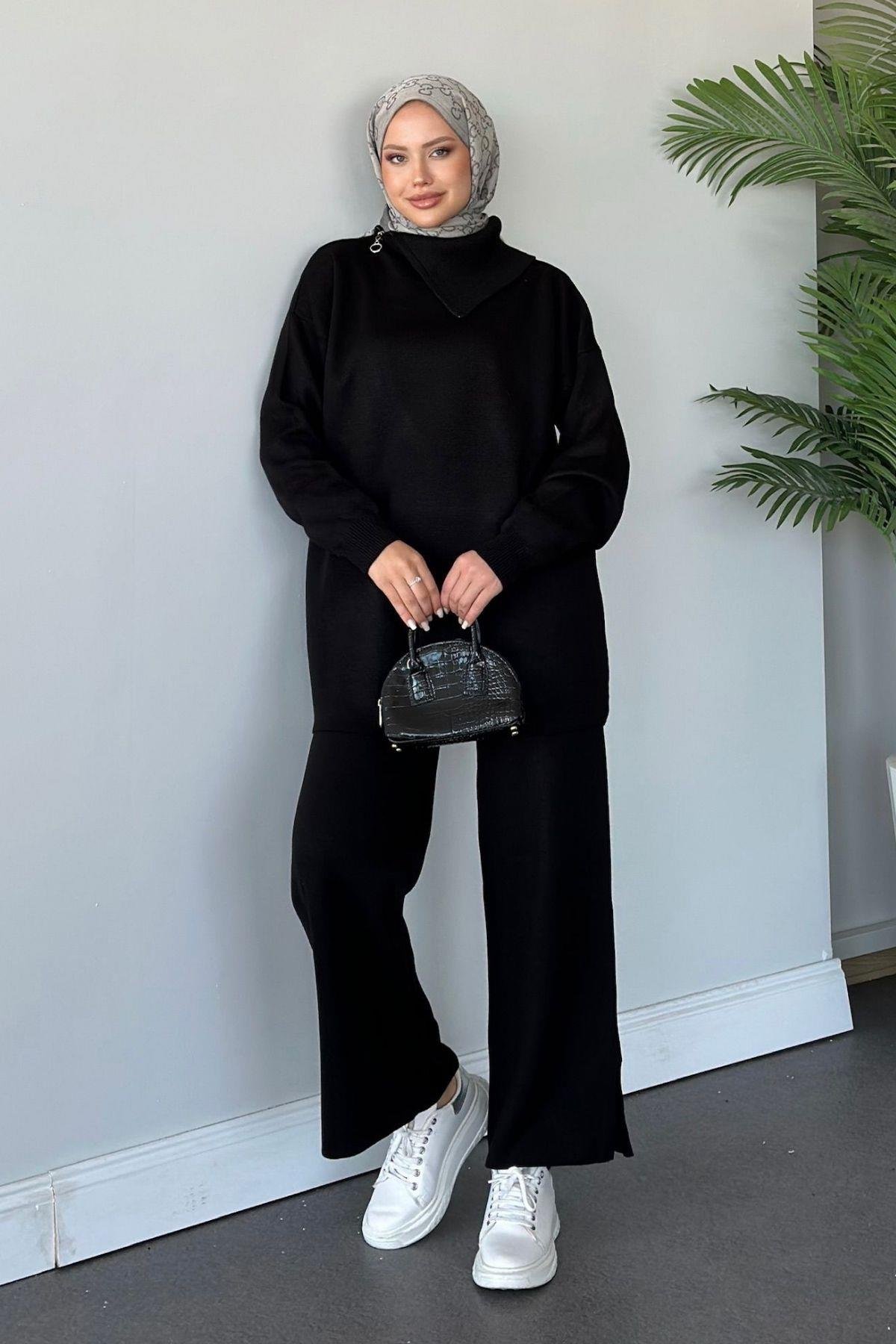 Yakası Fermuarlı Triko Takım Siyah, Fiyatları 