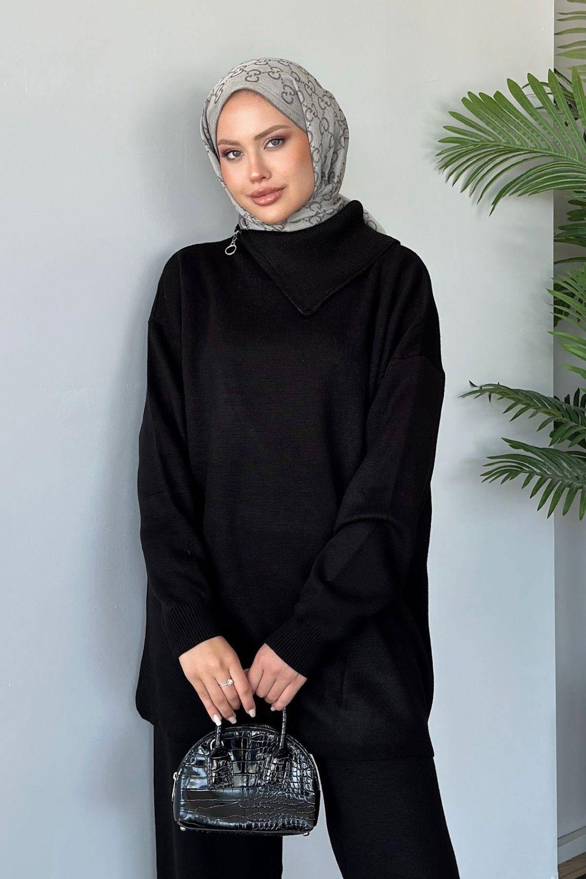 Yakası Fermuarlı Triko Takım Siyah, Fiyatları 