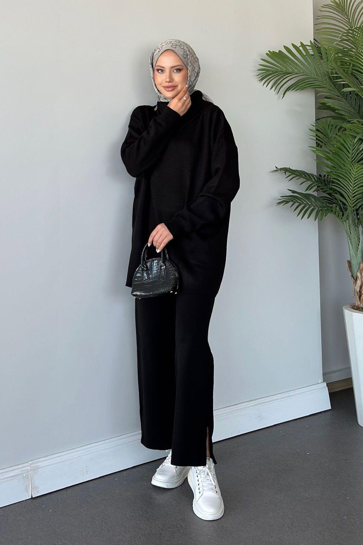 Yakası Fermuarlı Triko Takım Siyah, Fiyatları 