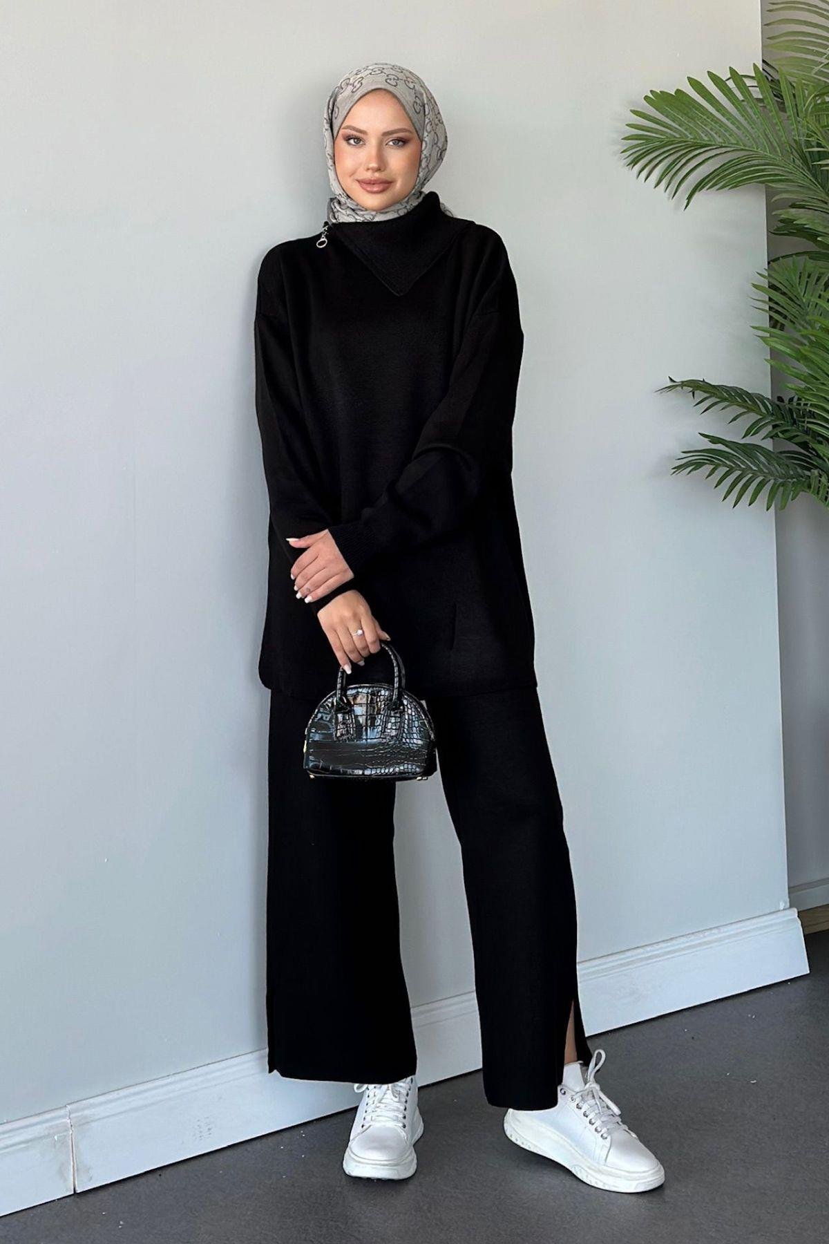 Yakası Fermuarlı Triko Takım Siyah, Fiyatları 