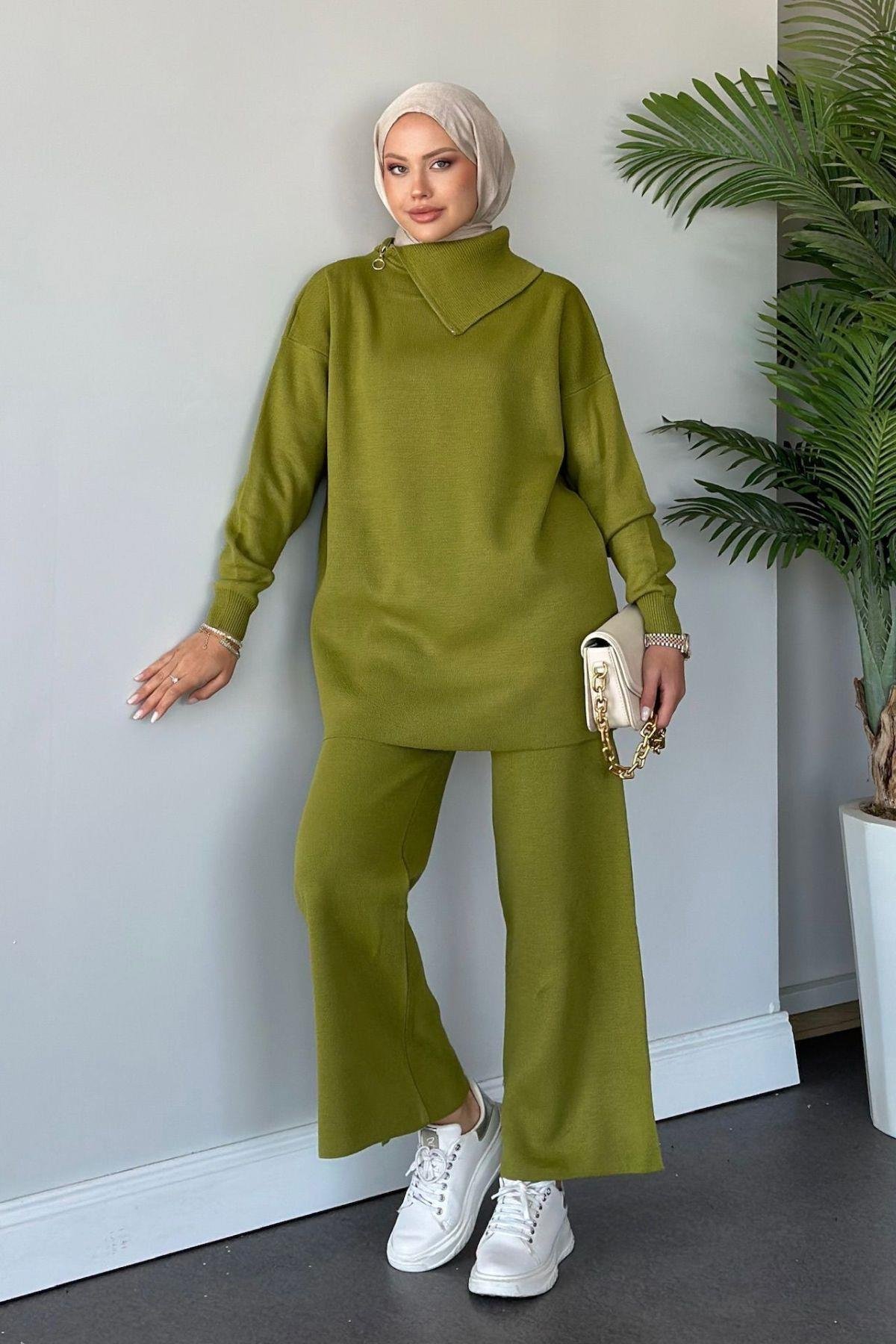 Yakası Fermuarlı Triko Takım Yağyeşili, Fiyatları 