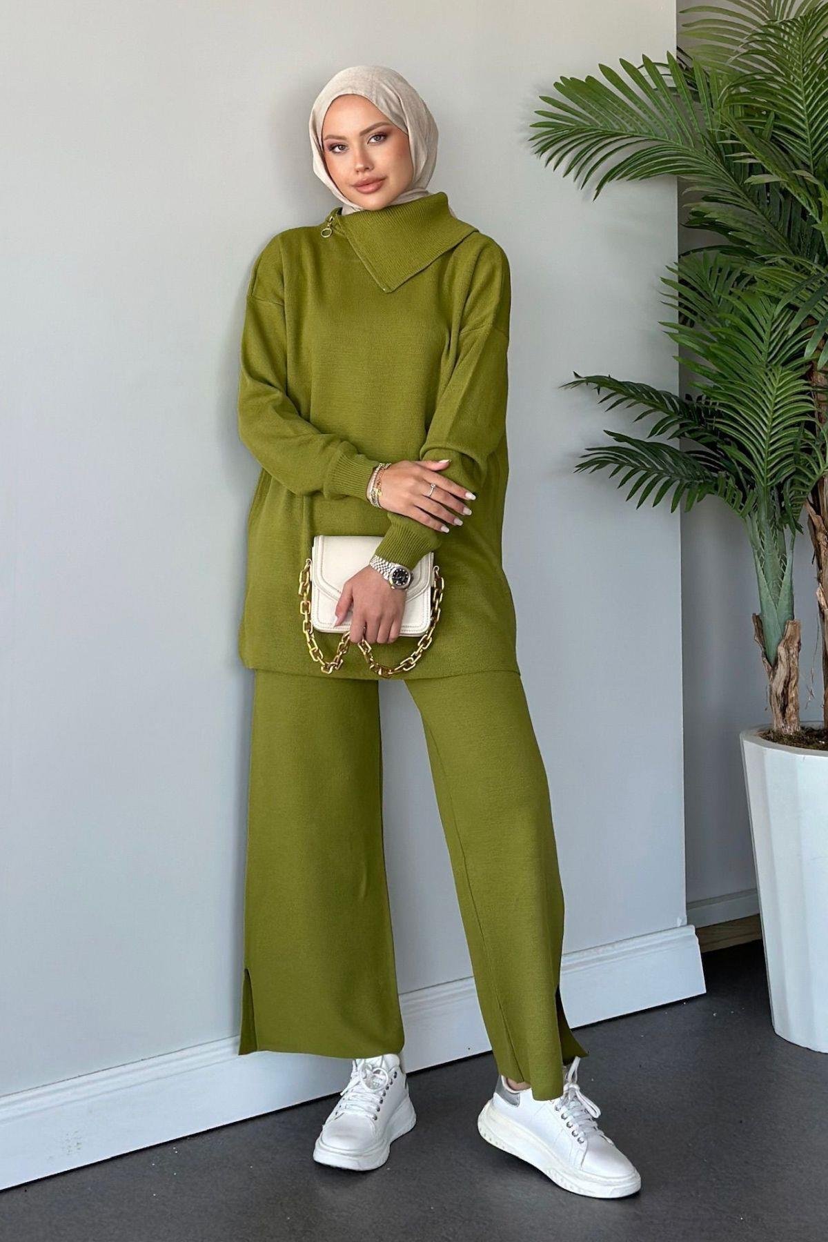 Yakası Fermuarlı Triko Takım Yağyeşili, Fiyatları 