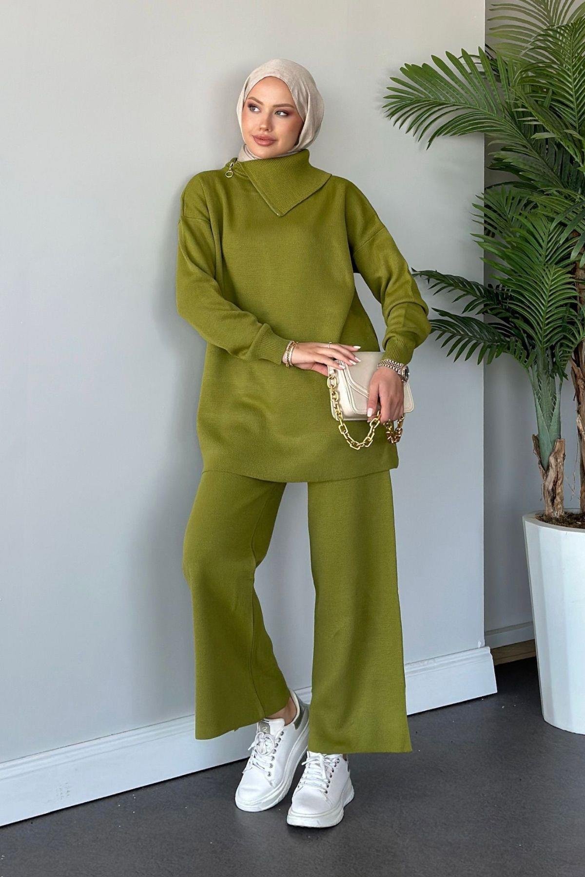 Yakası Fermuarlı Triko Takım Yağyeşili, Fiyatları 