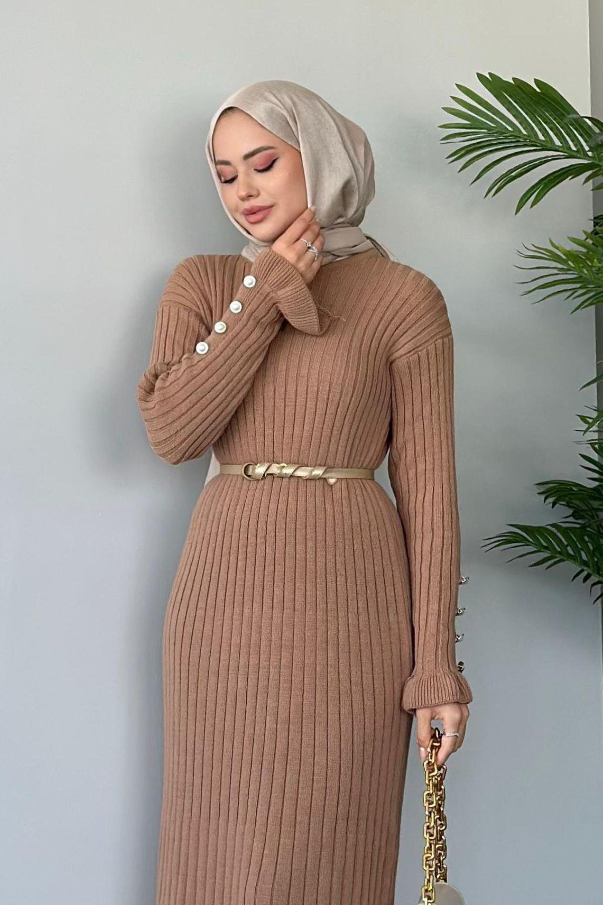 Yakut Triko Elbise Camel, Fiyatları Haza Moda | Tesettür Giyim | Yakut Triko Elbise Camel