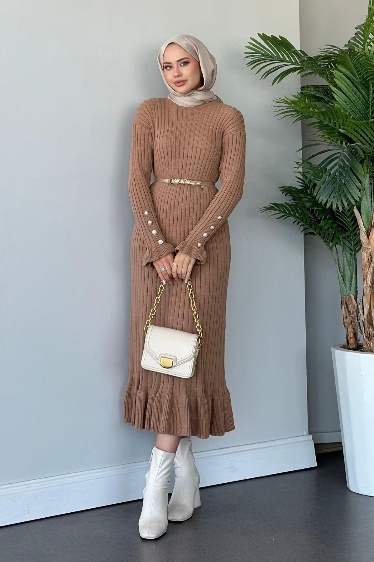 Yakut Triko Elbise Camel, Fiyatları Haza Moda | Tesettür Giyim | Yakut Triko Elbise Camel