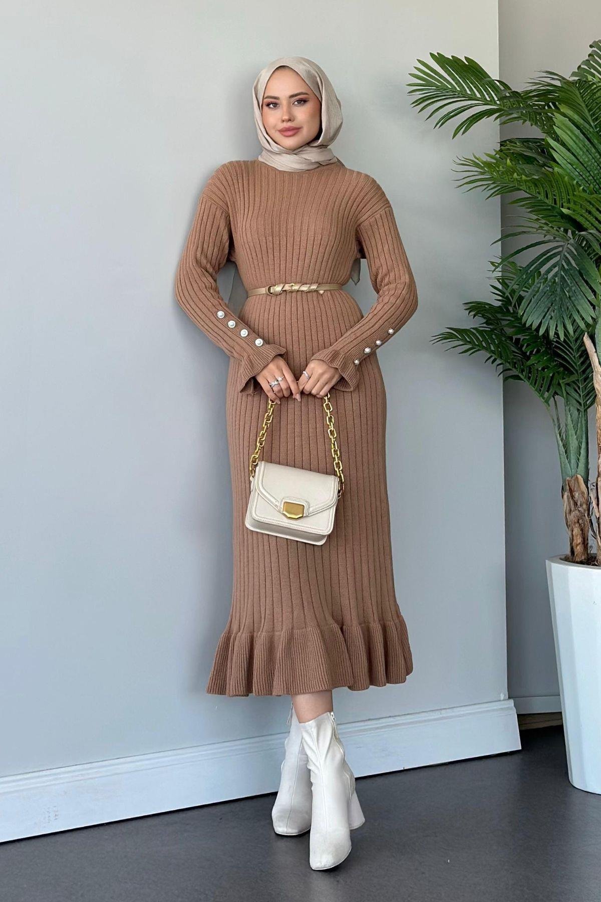 Yakut Triko Elbise Camel, Fiyatları Haza Moda | Tesettür Giyim | Yakut Triko Elbise Camel