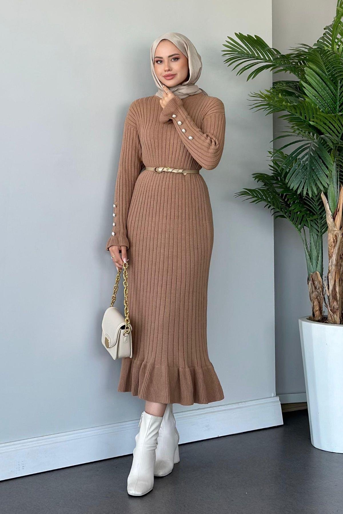 Yakut Triko Elbise Camel, Fiyatları Haza Moda | Tesettür Giyim | Yakut Triko Elbise Camel