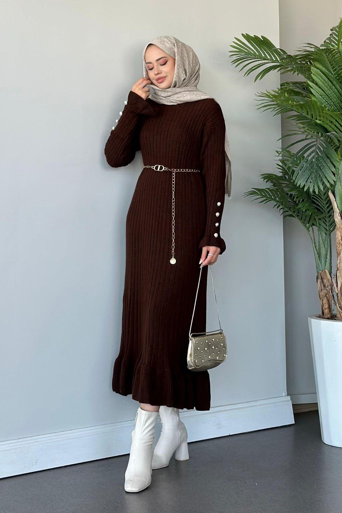 Yakut Triko Elbise Kahve, Fiyatları Haza Moda | Tesettür Giyim | Yakut Triko Elbise Kahve