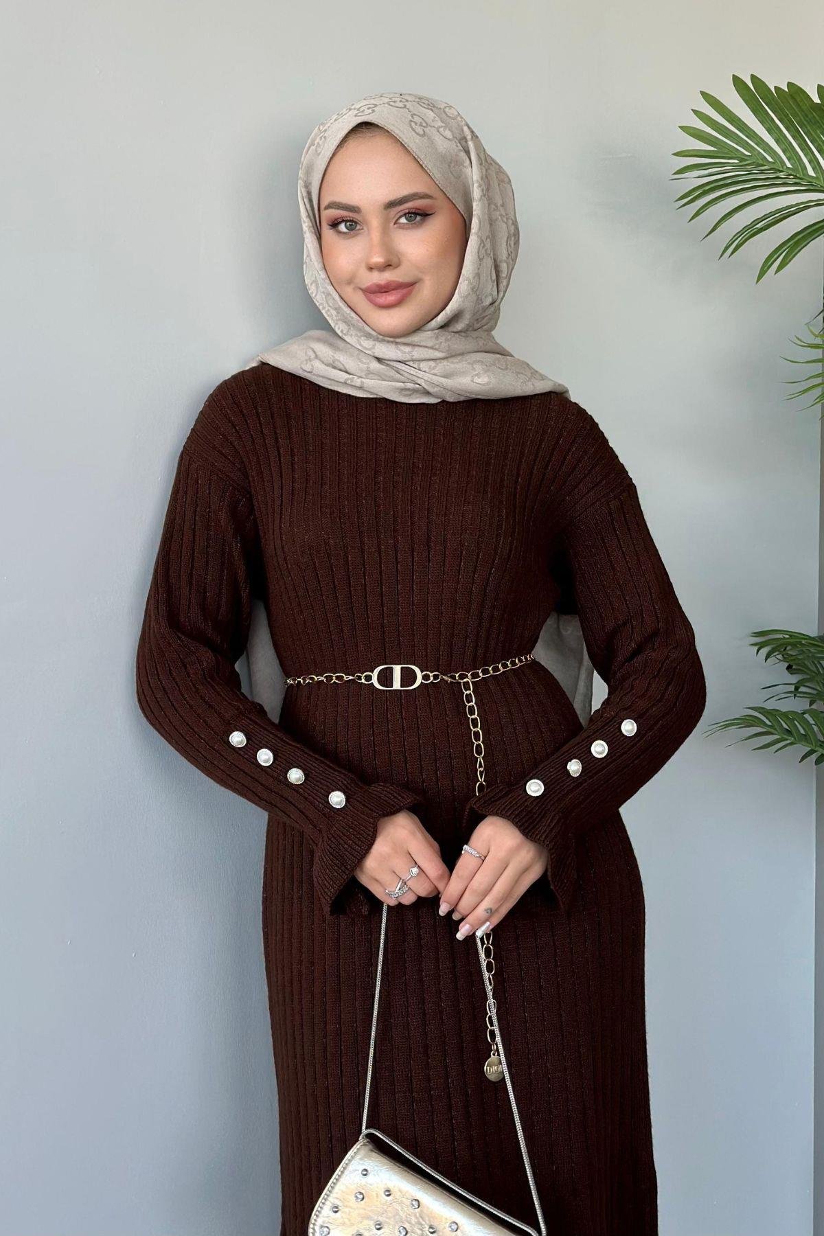 Yakut Triko Elbise Kahve, Fiyatları Haza Moda | Tesettür Giyim | Yakut Triko Elbise Kahve