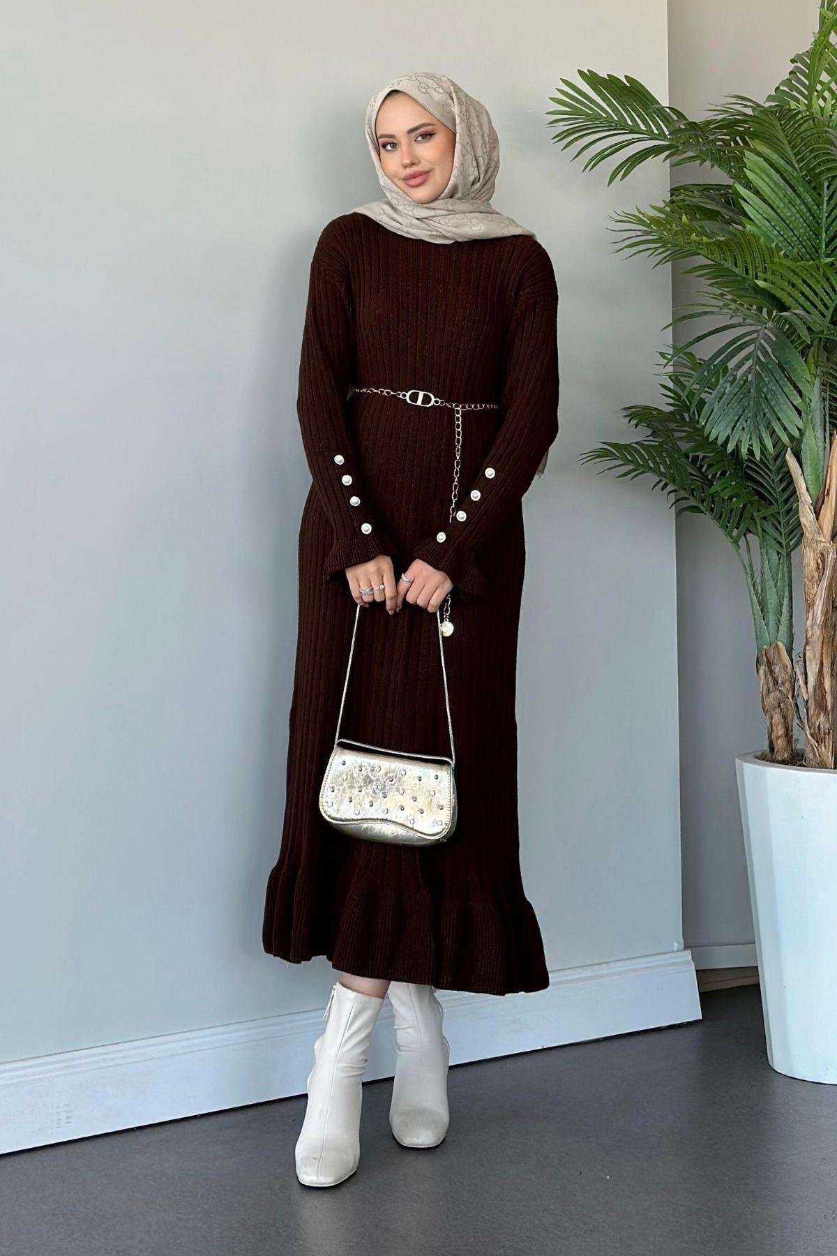 Yakut Triko Elbise Kahve, Fiyatları Haza Moda | Tesettür Giyim | Yakut Triko Elbise Kahve