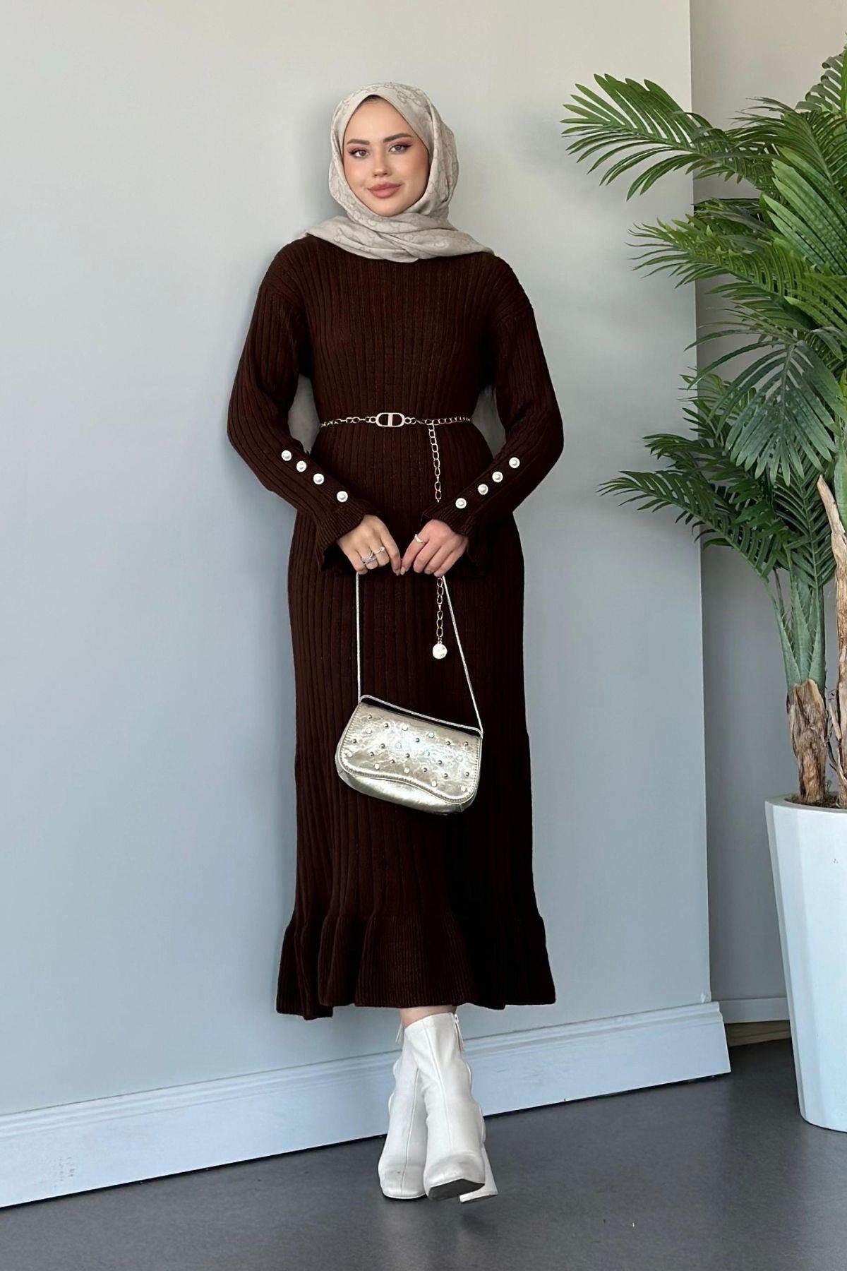 Yakut Triko Elbise Kahve, Fiyatları Haza Moda | Tesettür Giyim | Yakut Triko Elbise Kahve