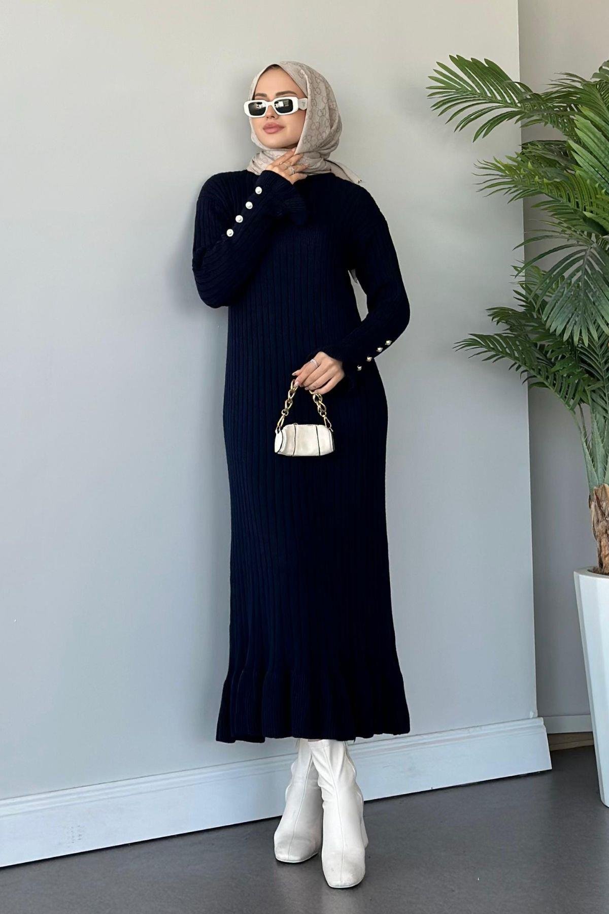 Yakut Triko Elbise Lacivert, Fiyatları Haza Moda | Tesettür Giyim | Yakut Triko Elbise Lacivert