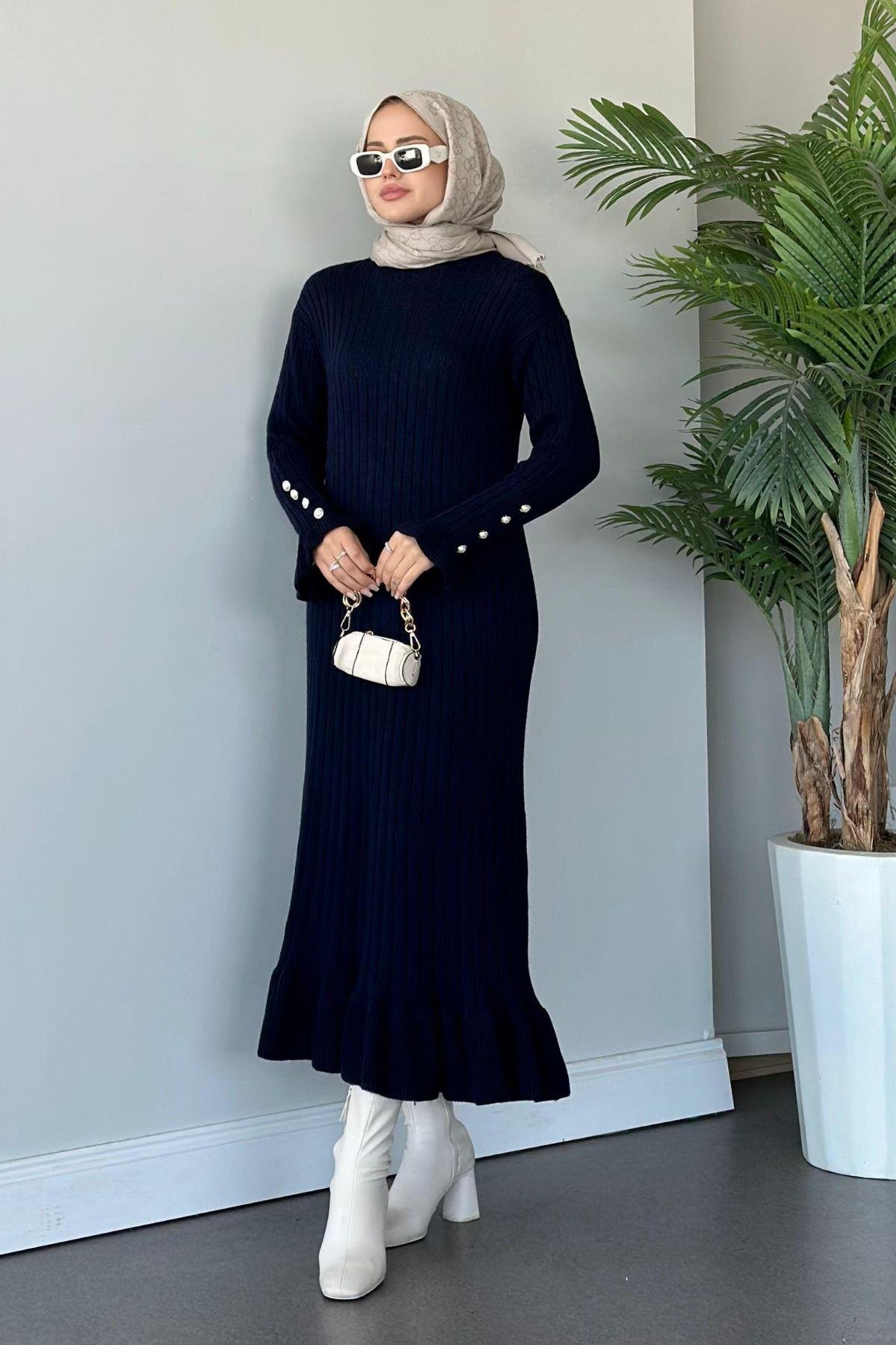 Yakut Triko Elbise Lacivert, Fiyatları Haza Moda | Tesettür Giyim | Yakut Triko Elbise Lacivert