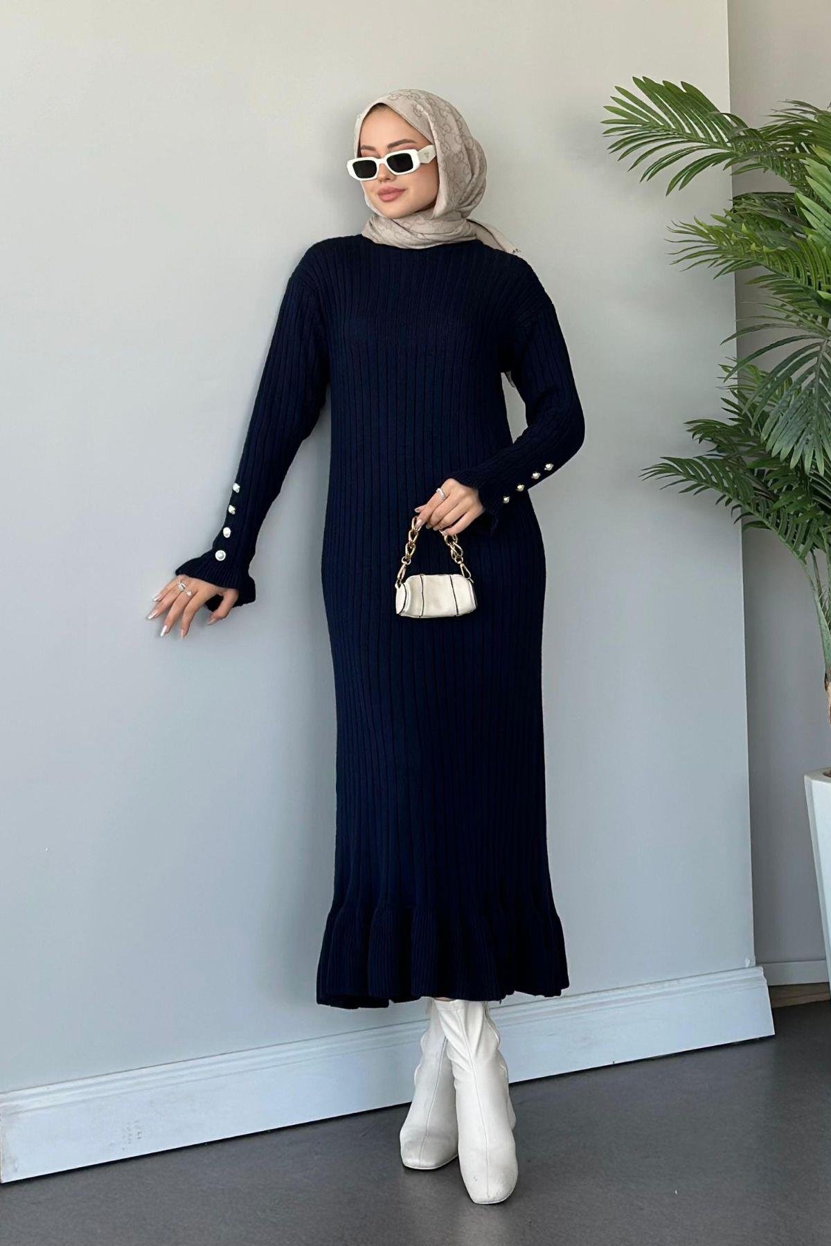 Yakut Triko Elbise Lacivert, Fiyatları Haza Moda | Tesettür Giyim | Yakut Triko Elbise Lacivert