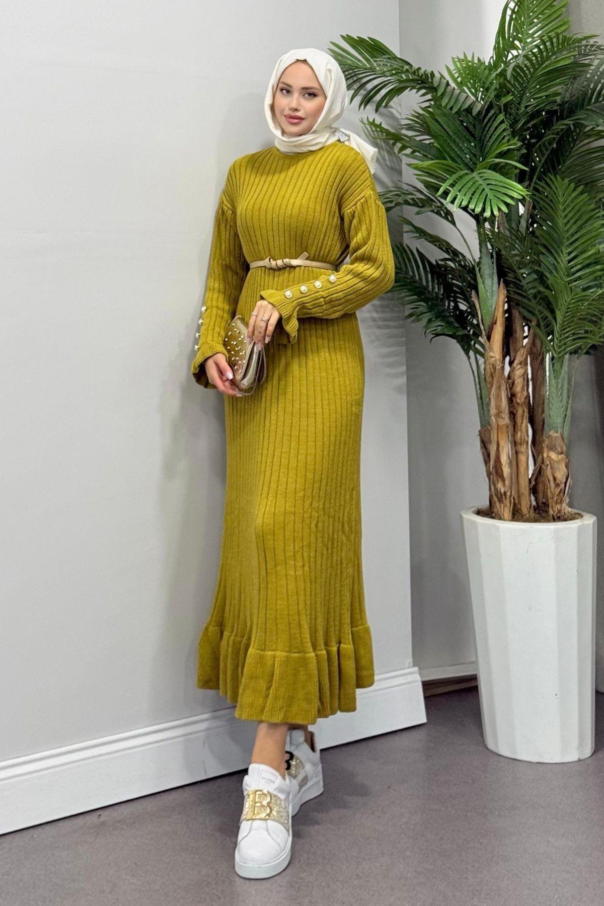 Yakut Triko Elbise Yağyeşili, Fiyatları Haza Moda | Tesettür Giyim | Yakut Triko Elbise Yağyeşili