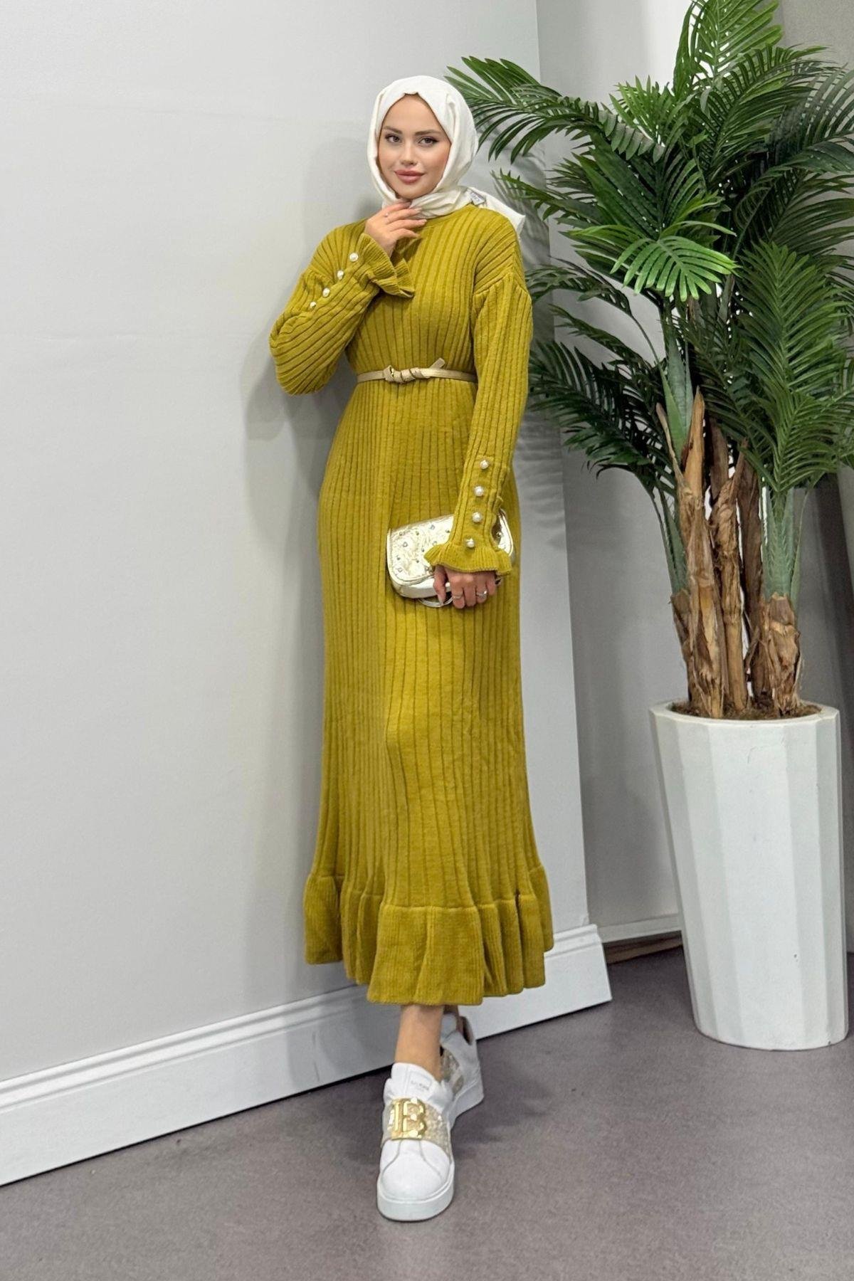 Yakut Triko Elbise Yağyeşili, Fiyatları Haza Moda | Tesettür Giyim | Yakut Triko Elbise Yağyeşili