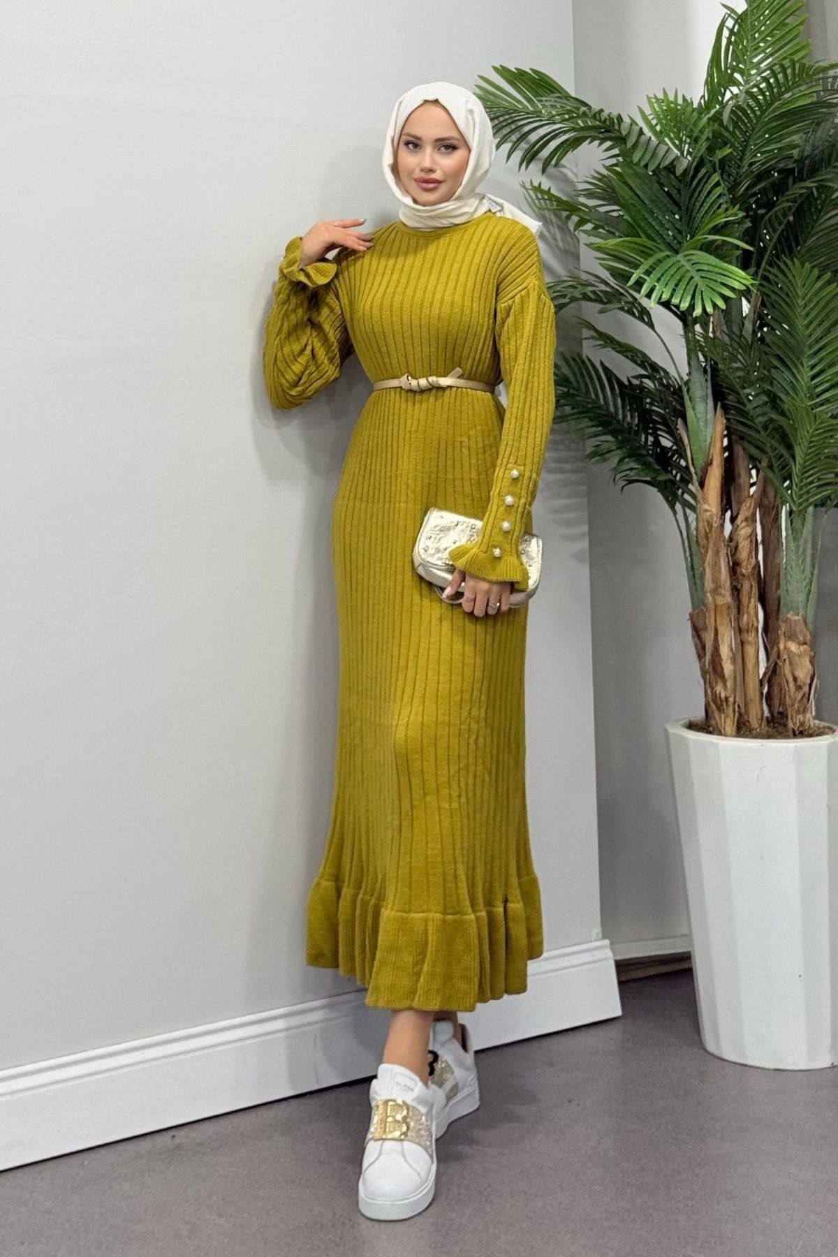 Yakut Triko Elbise Yağyeşili, Fiyatları Haza Moda | Tesettür Giyim | Yakut Triko Elbise Yağyeşili