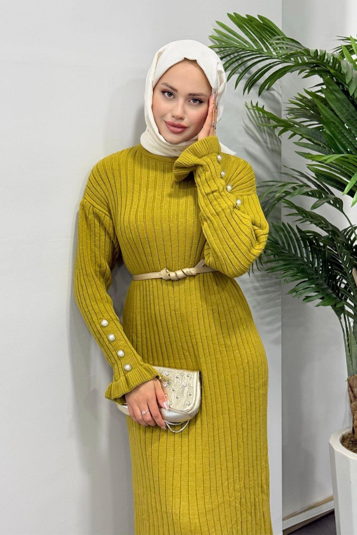 Yakut Triko Elbise Yağyeşili, Fiyatları Haza Moda | Tesettür Giyim | Yakut Triko Elbise Yağyeşili