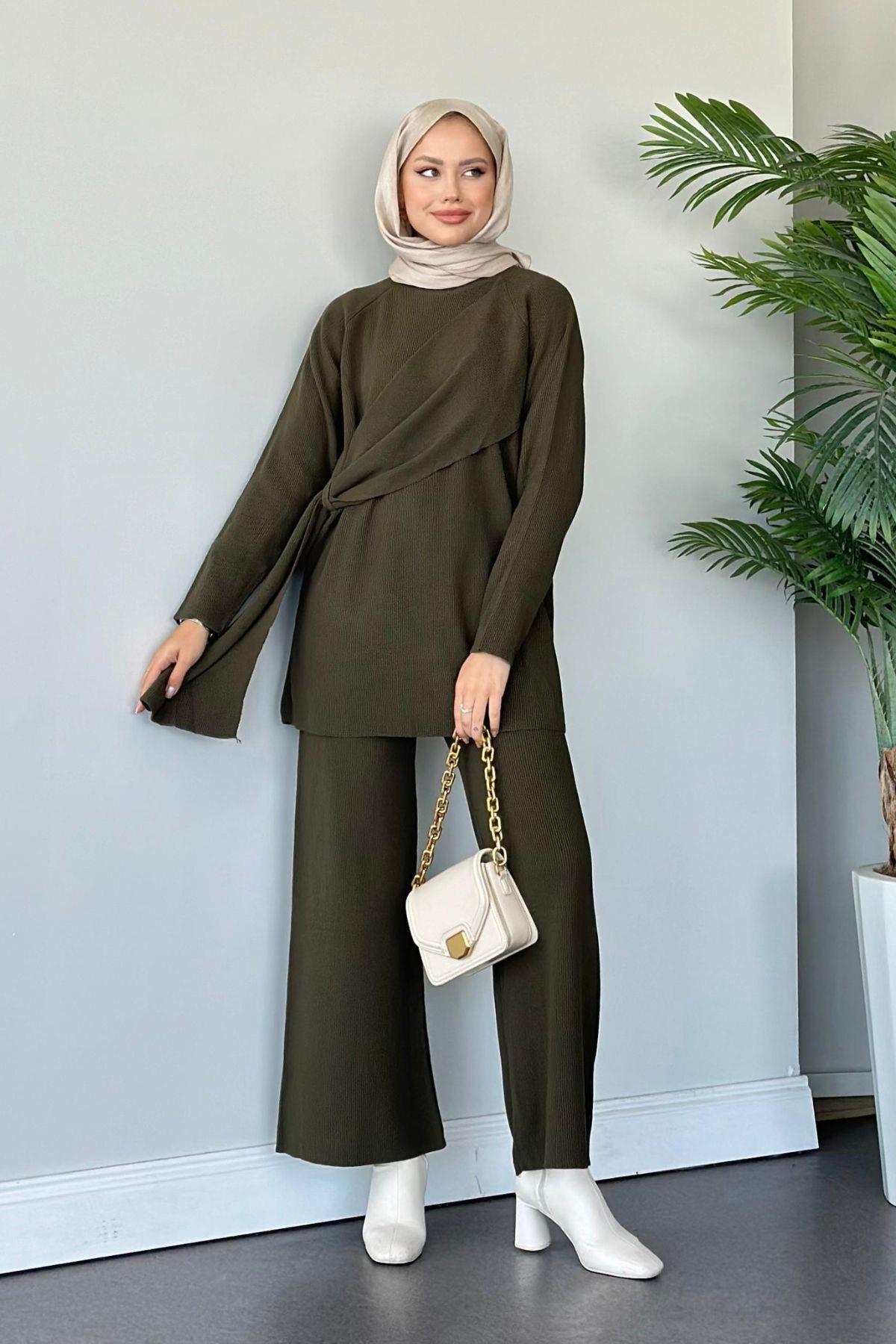 Yandan Şallı Triko Takım Haki, Fiyatları Haza Moda | Tesettür Giyim | Yandan Şallı Triko Takım Haki