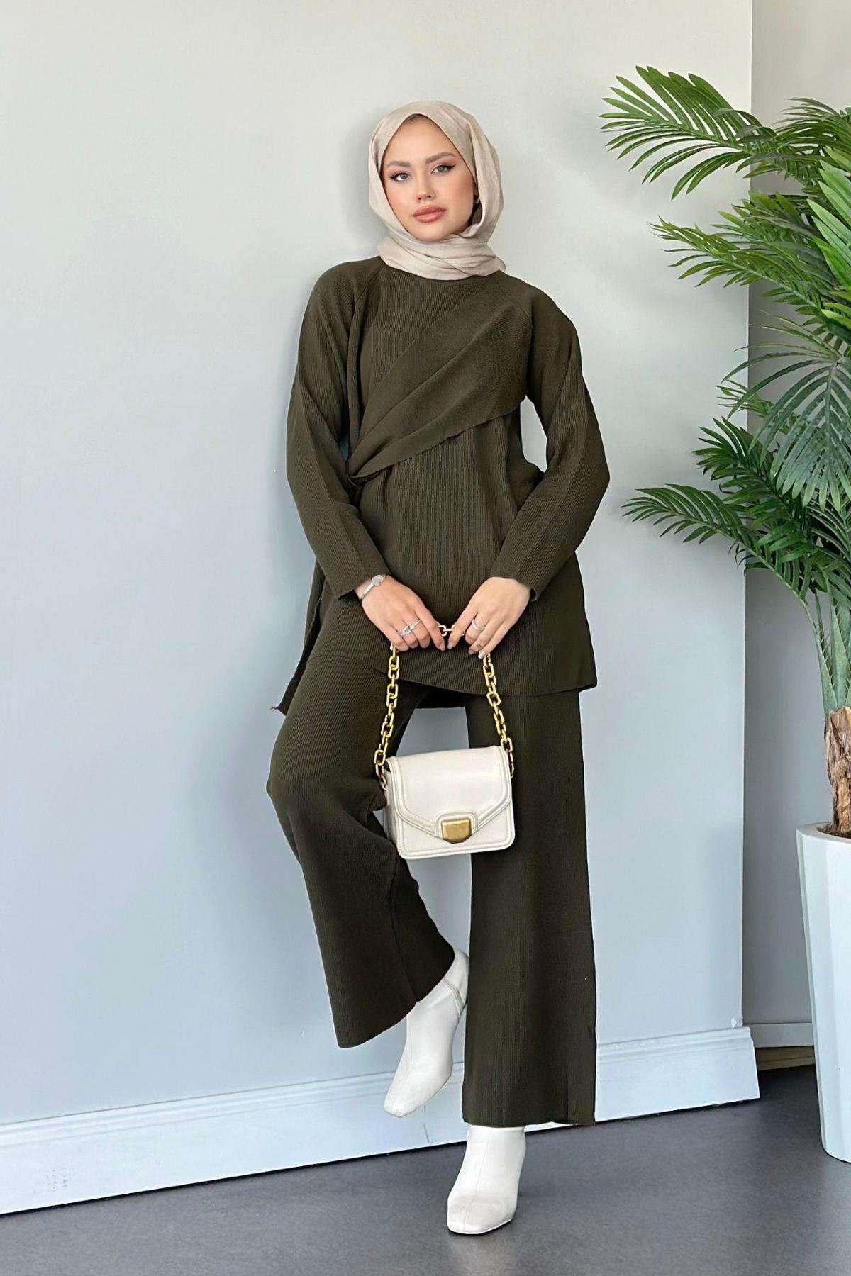Yandan Şallı Triko Takım Haki, Fiyatları Haza Moda | Tesettür Giyim | Yandan Şallı Triko Takım Haki