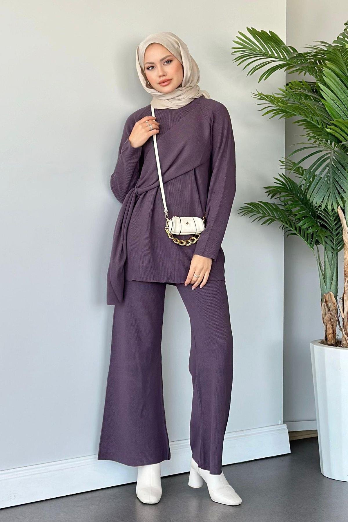 Yandan Şallı Triko Takım Mürdüm, Fiyatları Haza Moda | Tesettür Giyim | Yandan Şallı Triko Takım Mürdüm