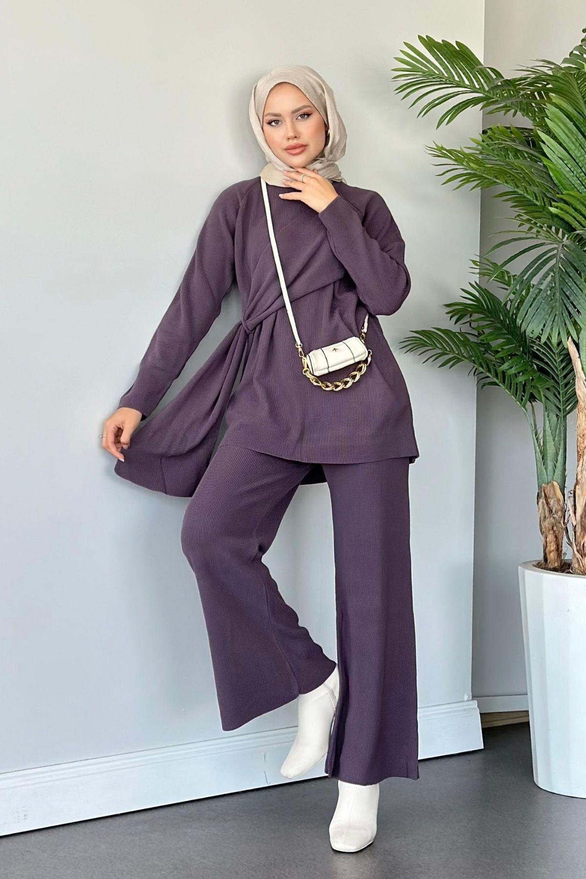 Yandan Şallı Triko Takım Mürdüm, Fiyatları Haza Moda | Tesettür Giyim | Yandan Şallı Triko Takım Mürdüm