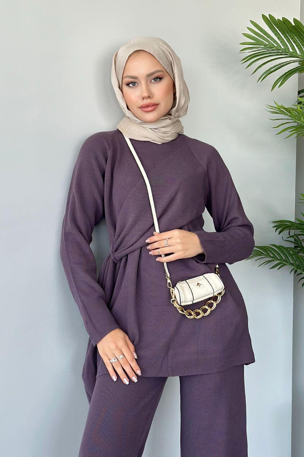 Yandan Şallı Triko Takım Mürdüm, Fiyatları Haza Moda | Tesettür Giyim | Yandan Şallı Triko Takım Mürdüm