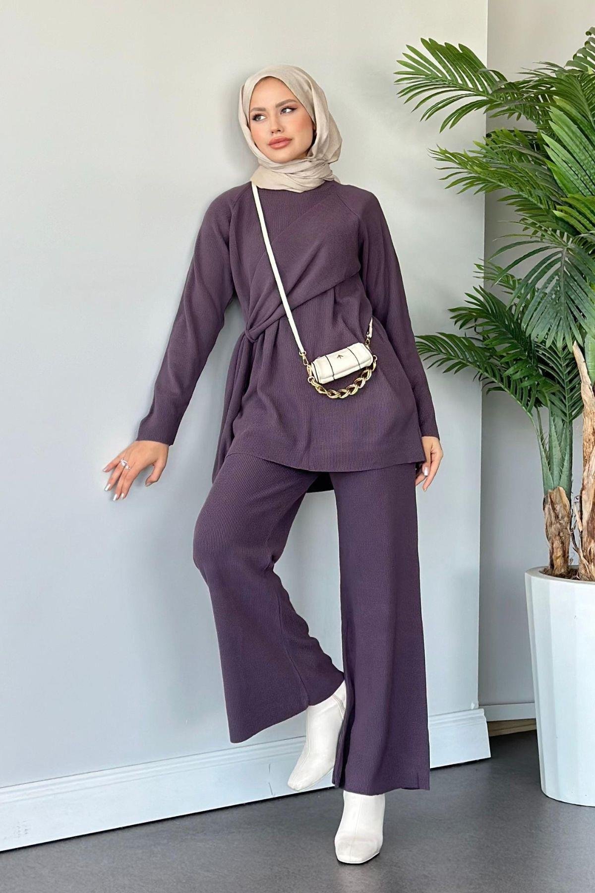 Yandan Şallı Triko Takım Mürdüm, Fiyatları Haza Moda | Tesettür Giyim | Yandan Şallı Triko Takım Mürdüm