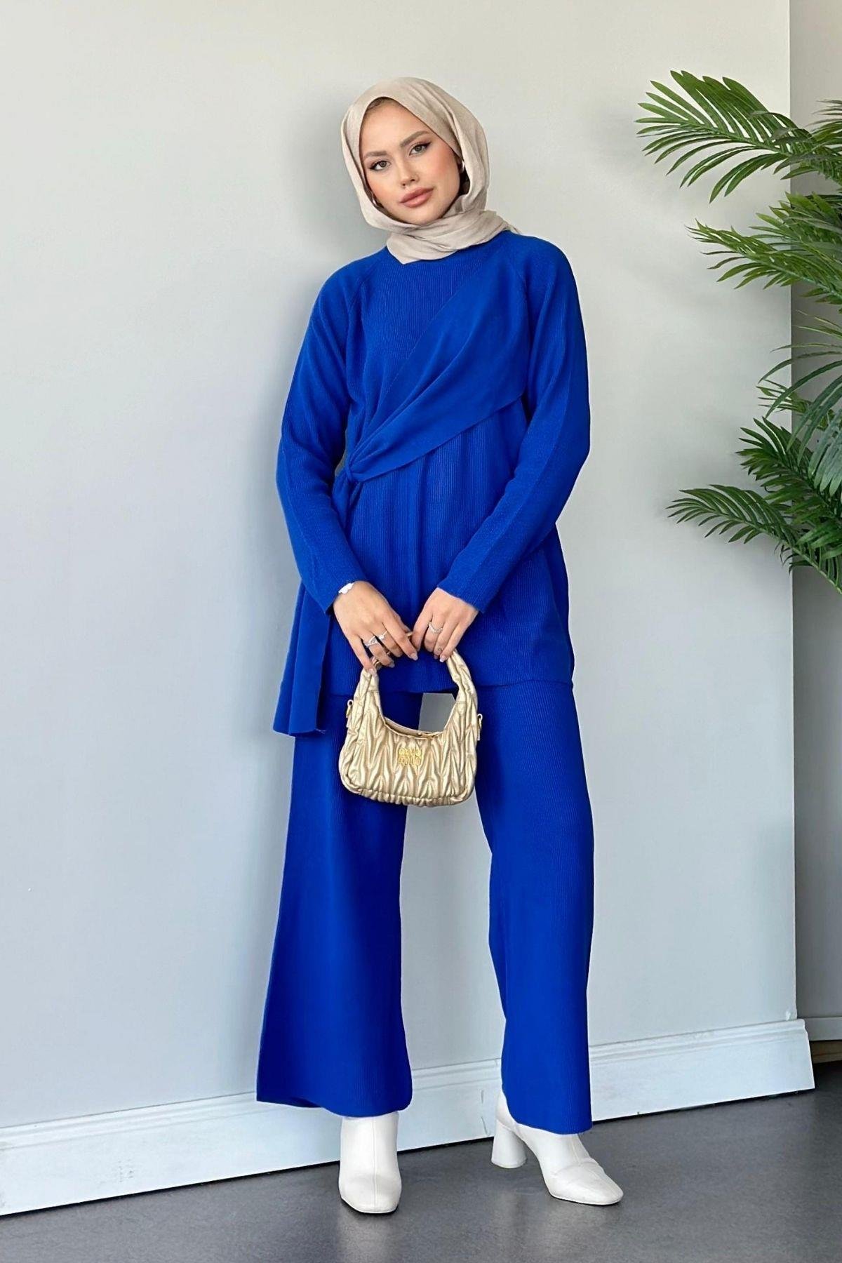 Yandan Şallı Triko Takım Saks, Fiyatları Haza Moda | Tesettür Giyim | Yandan Şallı Triko Takım Saks