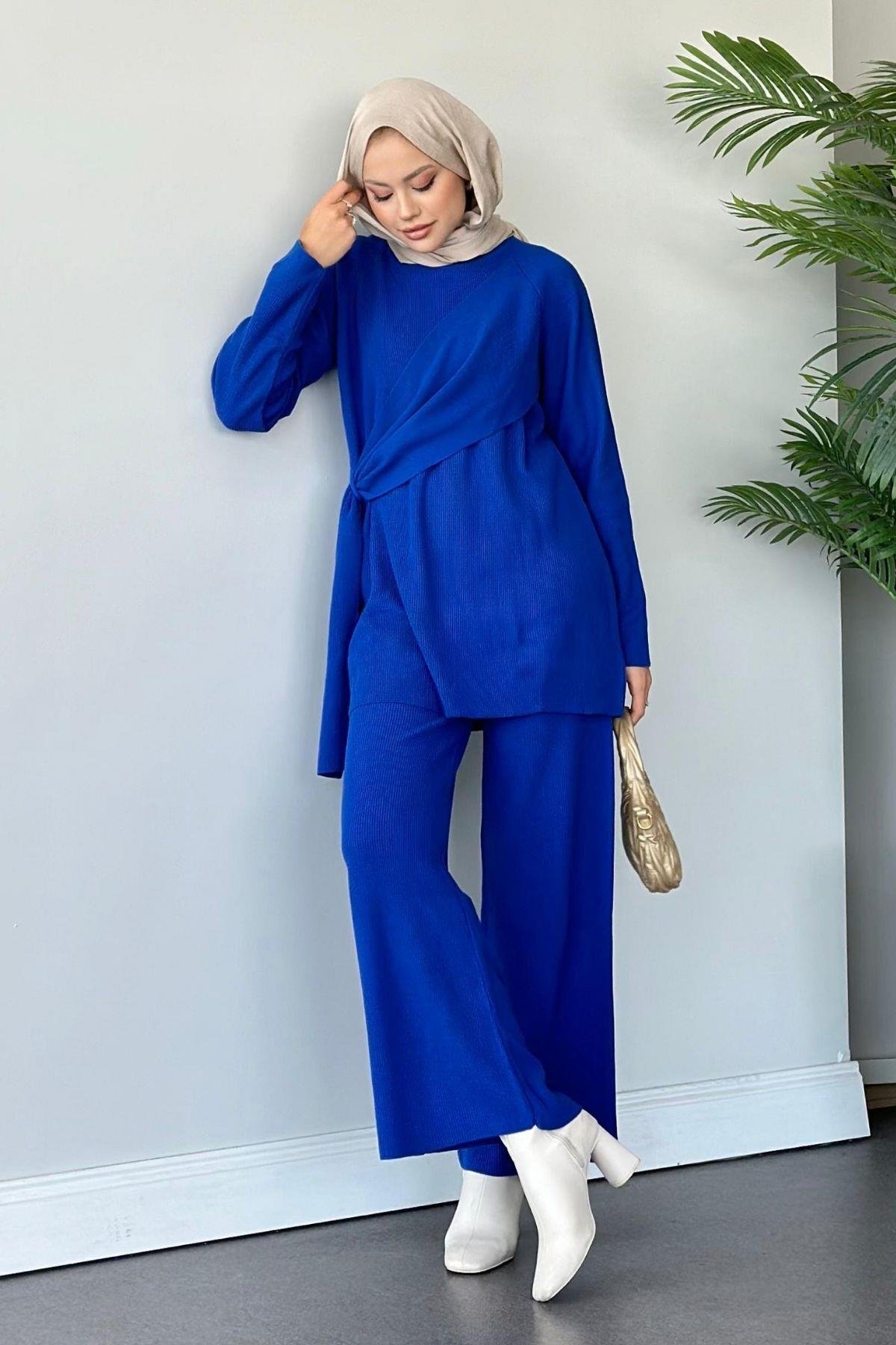 Yandan Şallı Triko Takım Saks, Fiyatları Haza Moda | Tesettür Giyim | Yandan Şallı Triko Takım Saks