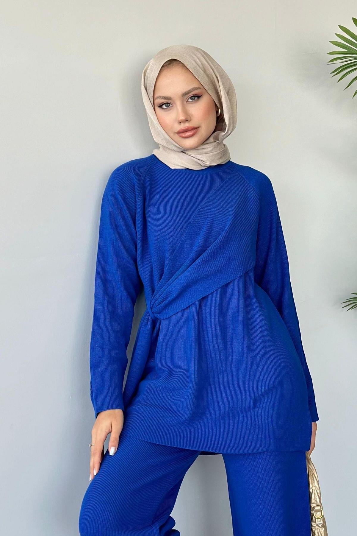 Yandan Şallı Triko Takım Saks, Fiyatları Haza Moda | Tesettür Giyim | Yandan Şallı Triko Takım Saks