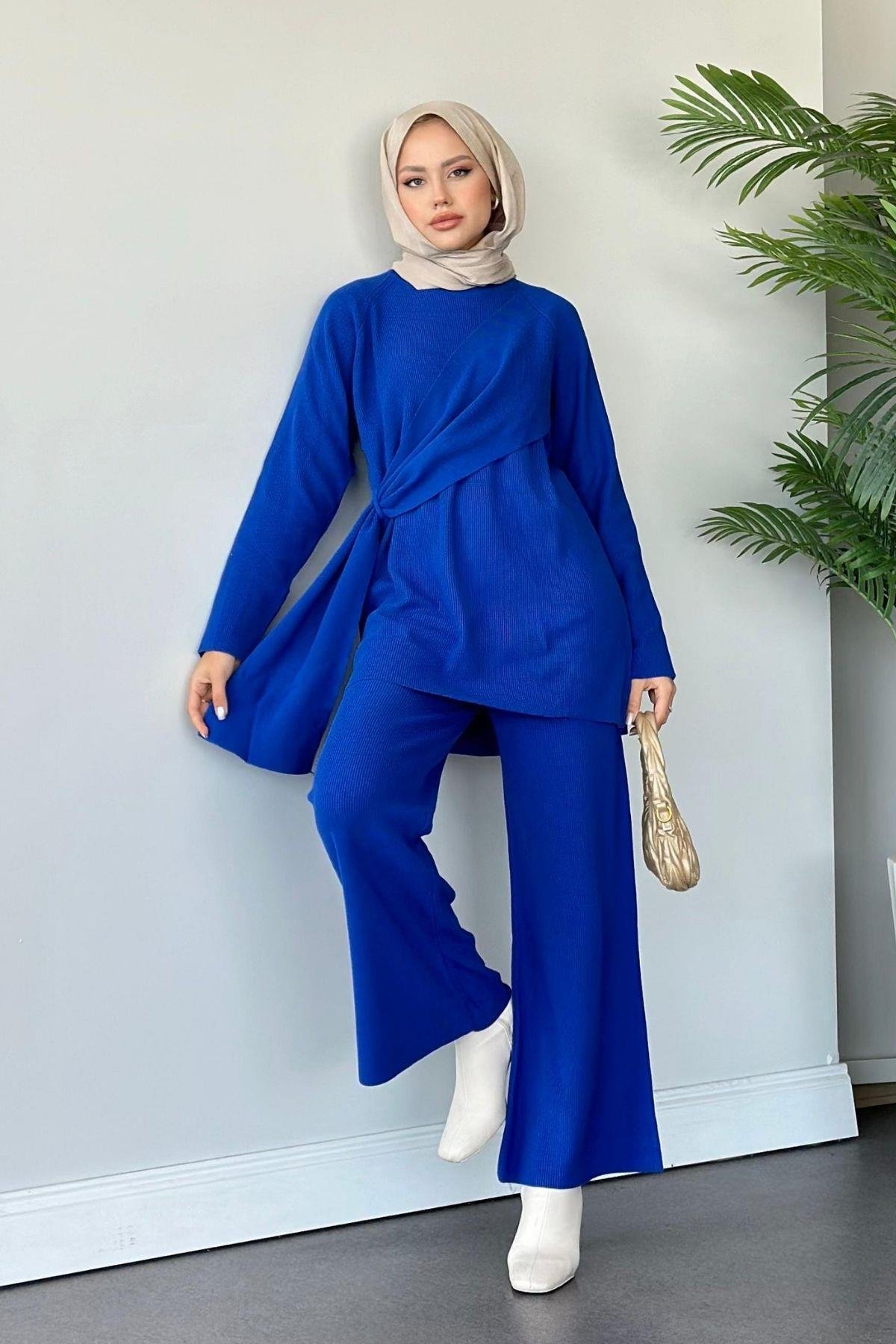 Yandan Şallı Triko Takım Saks, Fiyatları Haza Moda | Tesettür Giyim | Yandan Şallı Triko Takım Saks