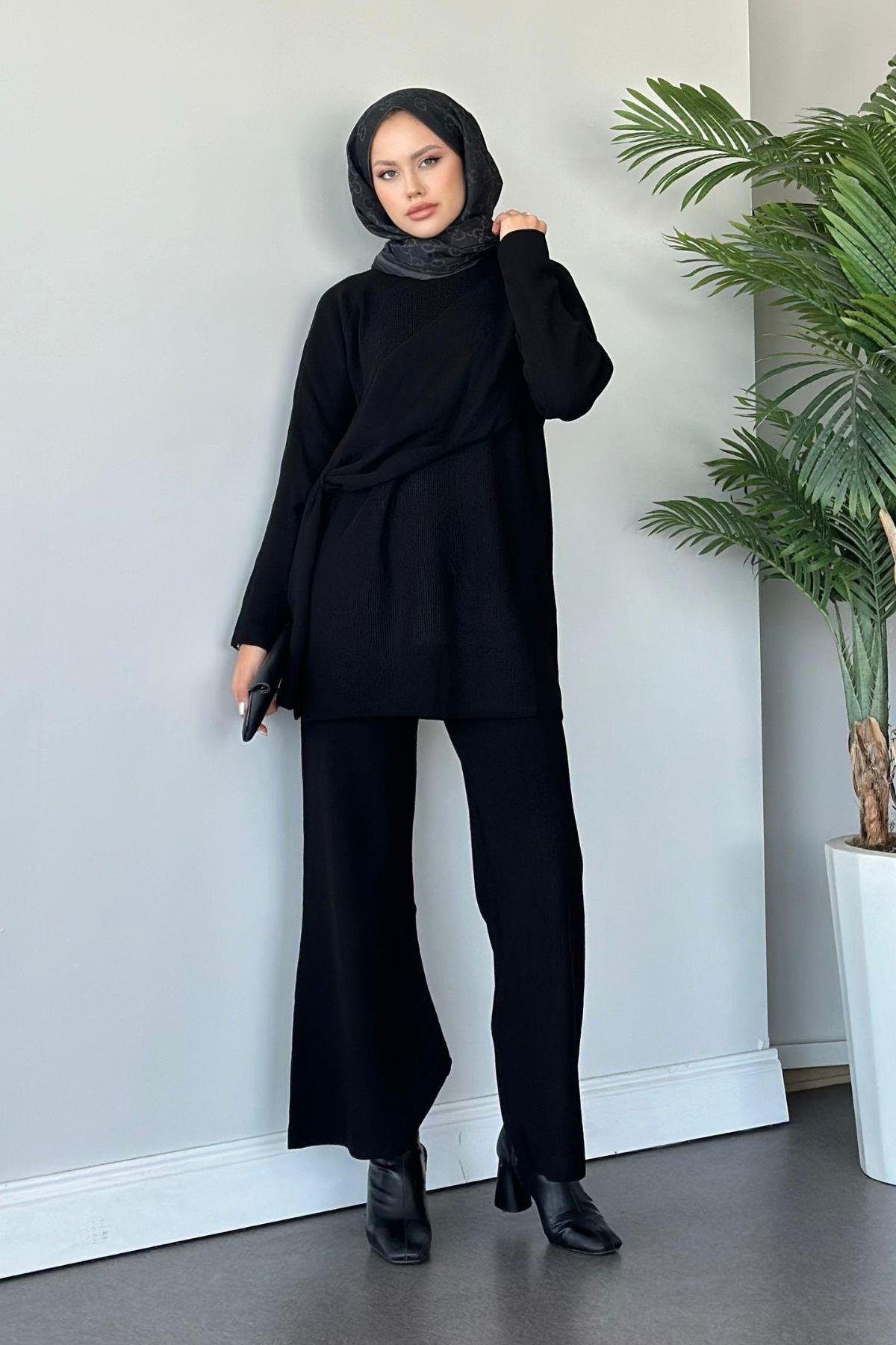 Yandan Şallı Triko Takım Siyah, Fiyatları Haza Moda | Tesettür Giyim | Yandan Şallı Triko Takım Siyah