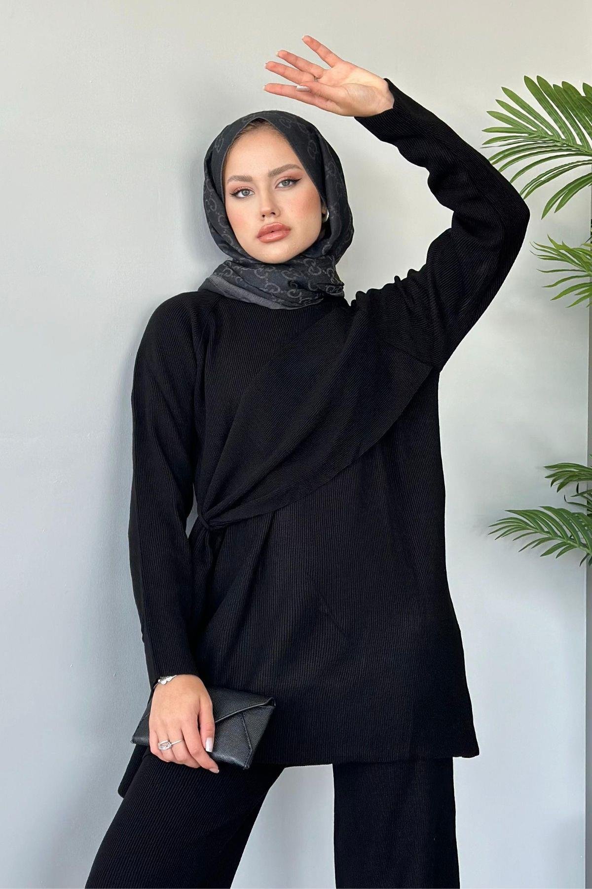 Yandan Şallı Triko Takım Siyah, Fiyatları Haza Moda | Tesettür Giyim | Yandan Şallı Triko Takım Siyah