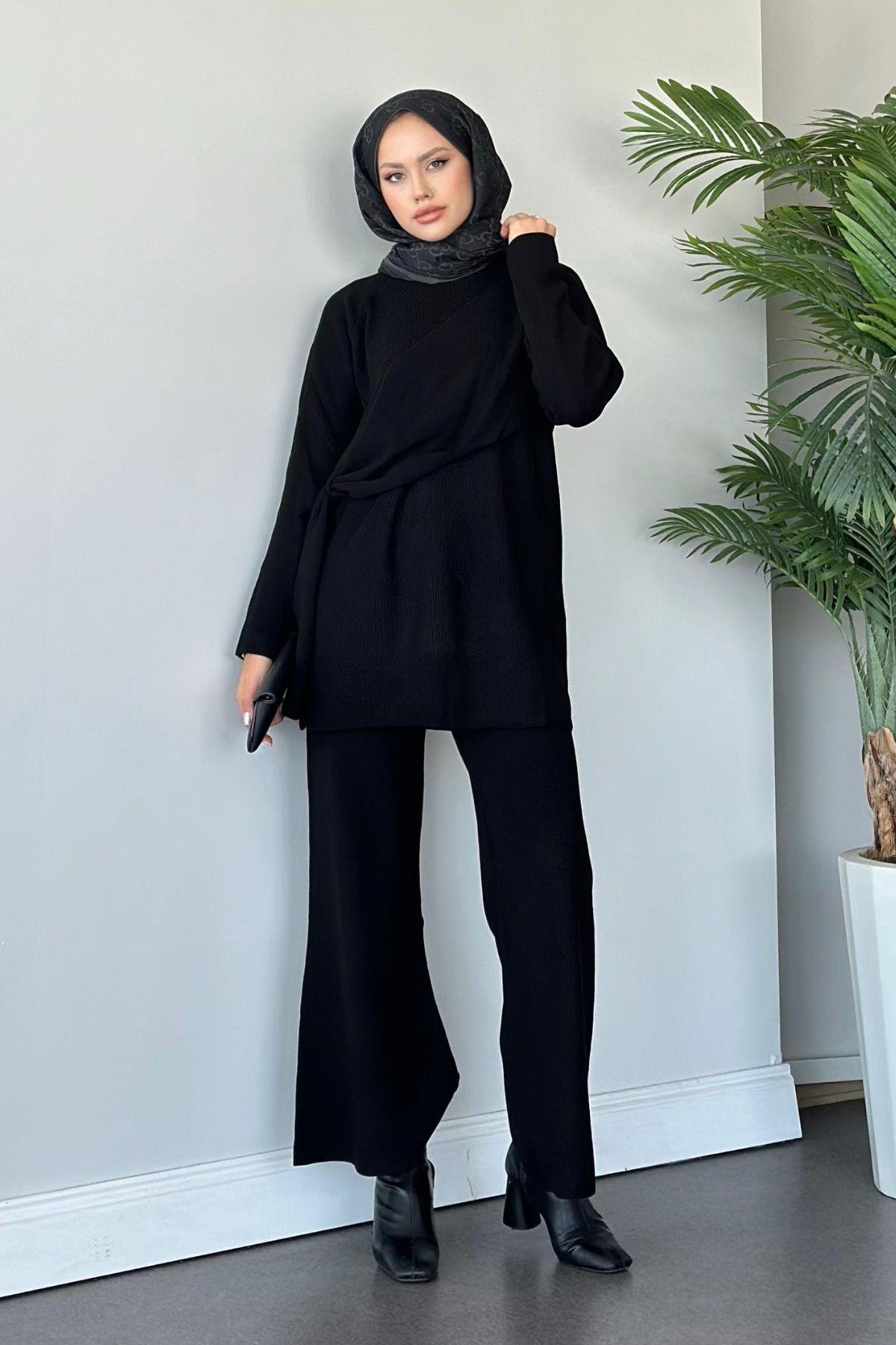 Yandan Şallı Triko Takım Siyah, Fiyatları Haza Moda | Tesettür Giyim | Yandan Şallı Triko Takım Siyah