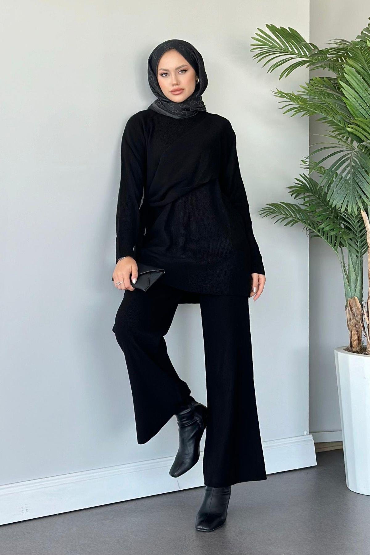 Yandan Şallı Triko Takım Siyah, Fiyatları Haza Moda | Tesettür Giyim | Yandan Şallı Triko Takım Siyah