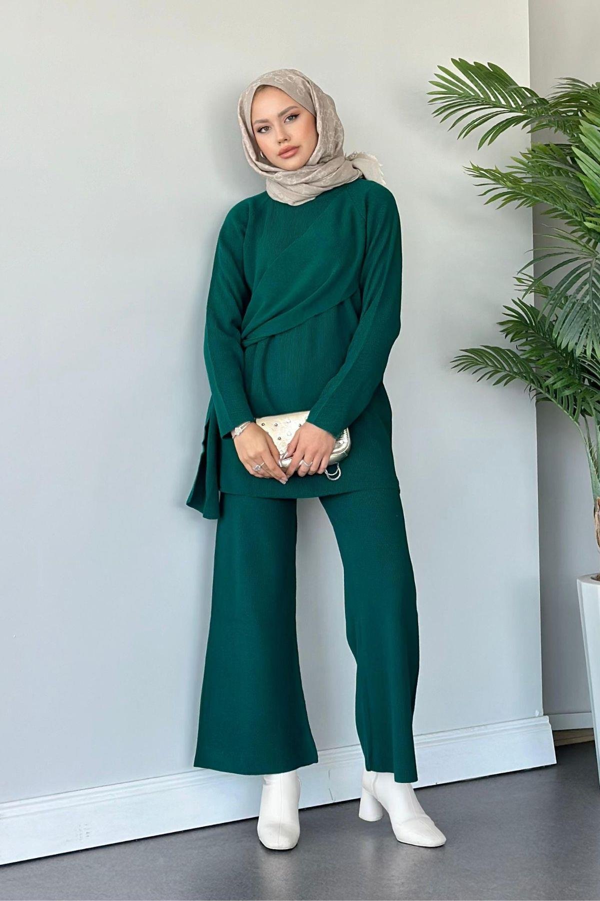 Yandan Şallı Triko Takım Yağyeşili, Fiyatları Haza Moda | Tesettür Giyim | Yandan Şallı Triko Takım Yağyeşili