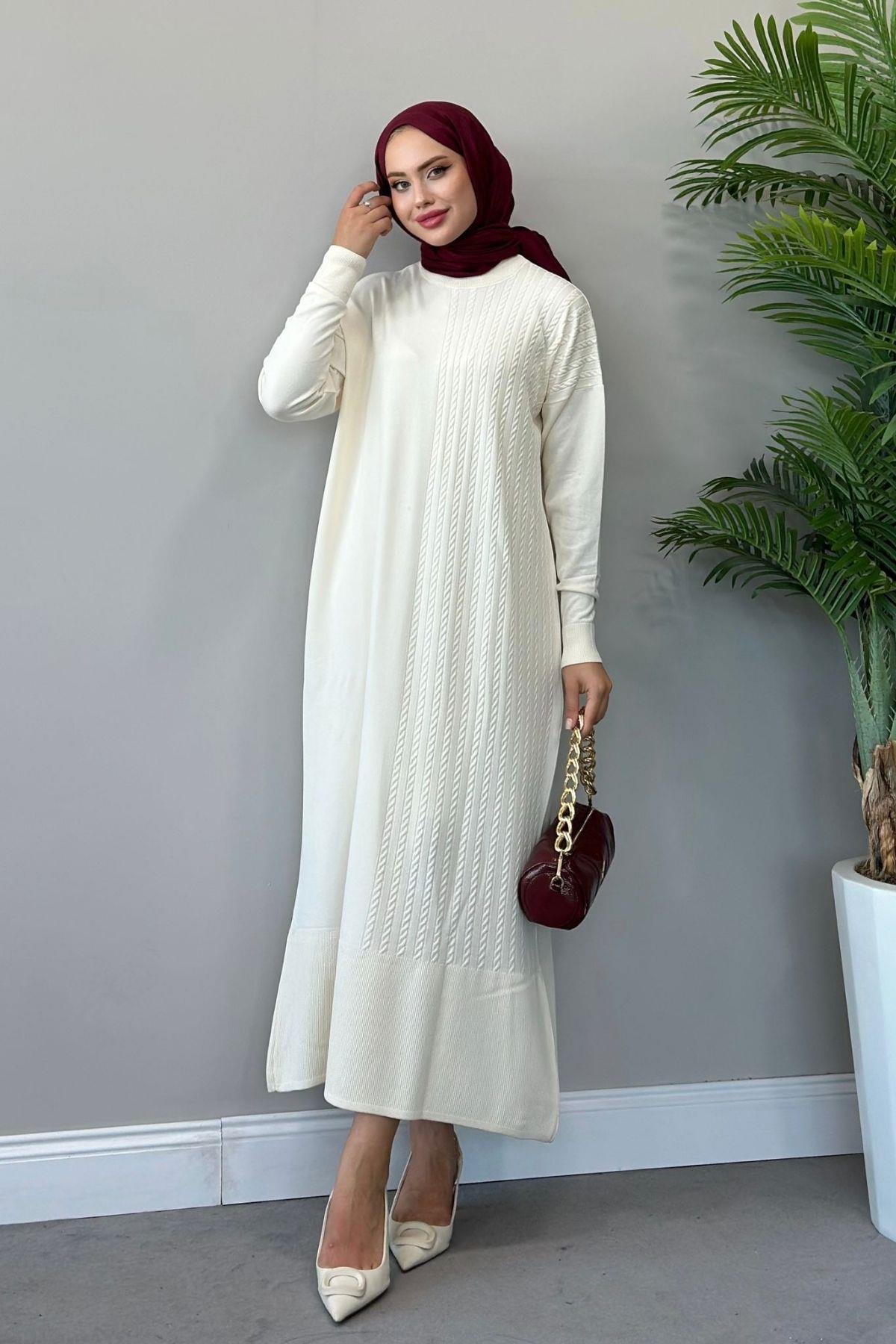 Yanı Örgü Desen Elbise Ekru, Fiyatları 