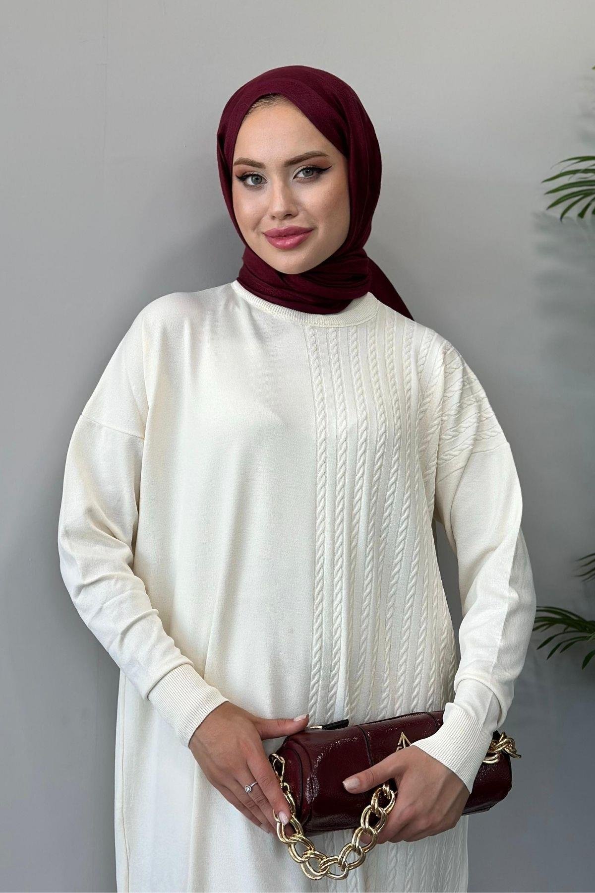 Yanı Örgü Desen Elbise Ekru, Fiyatları 